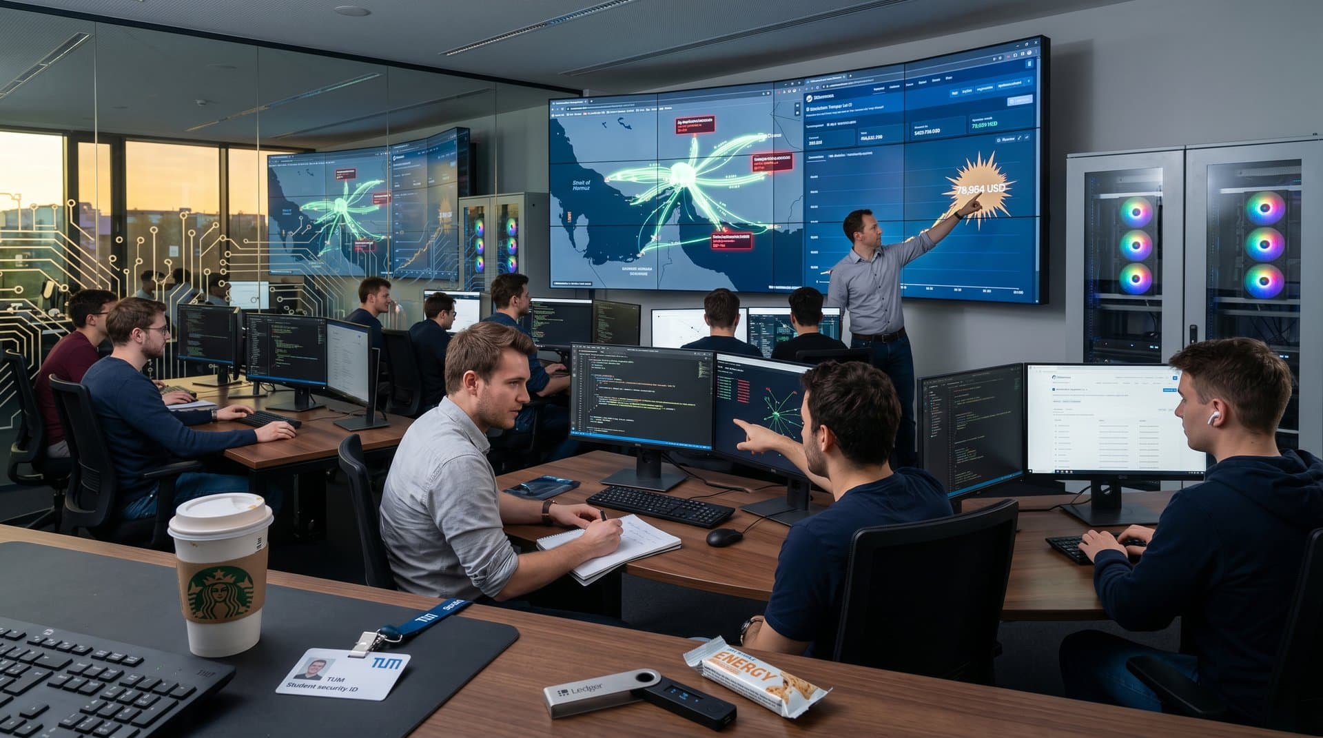 TU München Cybersecurity-Team analysiert Hormuz-Scams mit Krypto-Charts und Schiffs-Karten in modernem Ops-Center