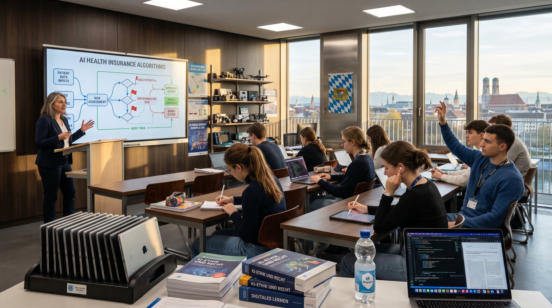 Klassenzimmer Weilerschule München mit Whiteboard zu KI-Ethik Gesundheitsversicherung und Digitalpakt-Technik