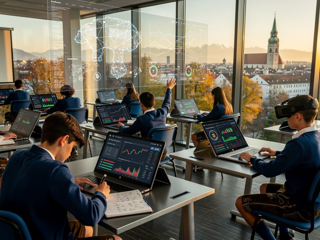 High-tech Klassenzimmer mit KI-Dashboards für Krypto-Analyse und personalisiertes Lernen in bayerischer Schule