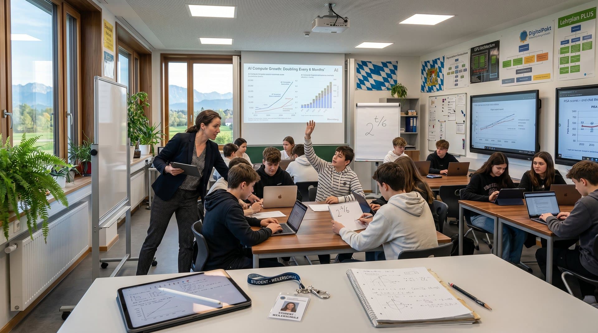 Weilerschule-Klassenzimmer mit virales Bloomberg KI Diagramm auf Projektor, Schüler analysieren exponentielles Compute Wachstum