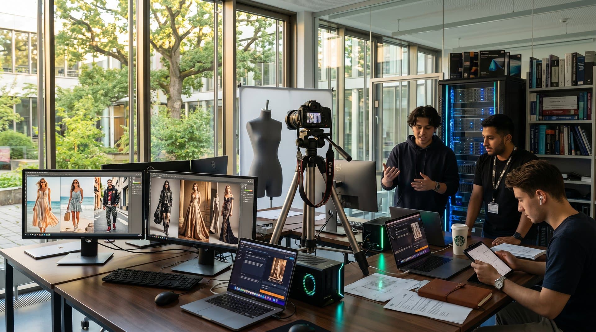 Labor der Weilerschule München: KI-generierte Modefotos auf Monitoren, Kameras, Server und Studierende im innovativen Umfeld
