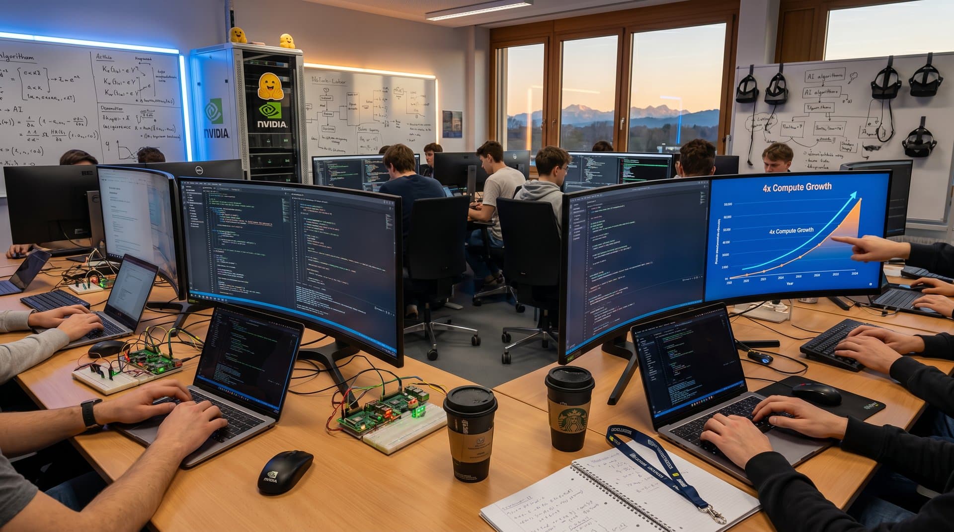 Schülerlabor Weilerschule München mit virales AI-Compute-Diagramm auf Monitoren und EdTech-Setup