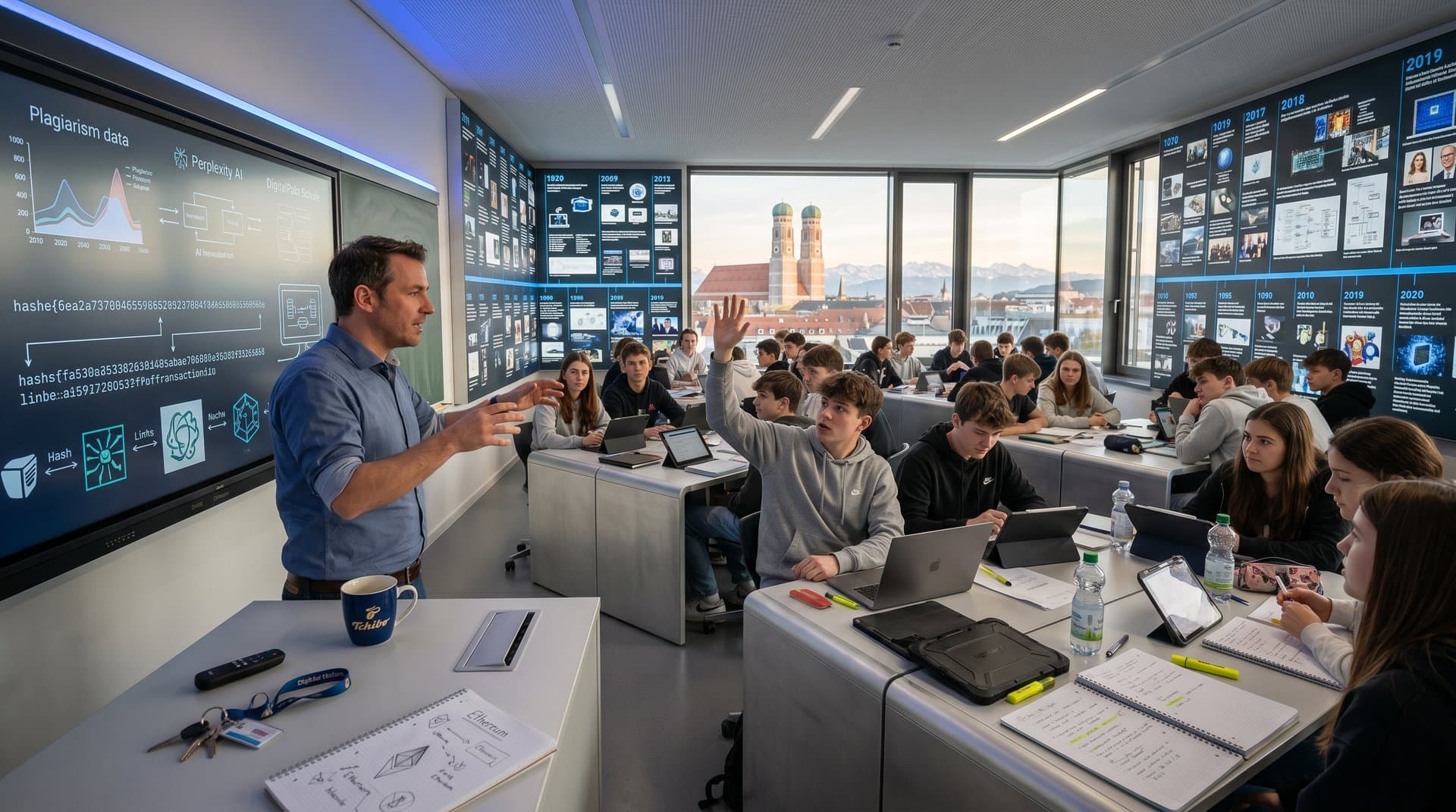 Bayerische Schulklasse debattiert KI-Detektoren und Blockchain vor Smartboard mit Charts