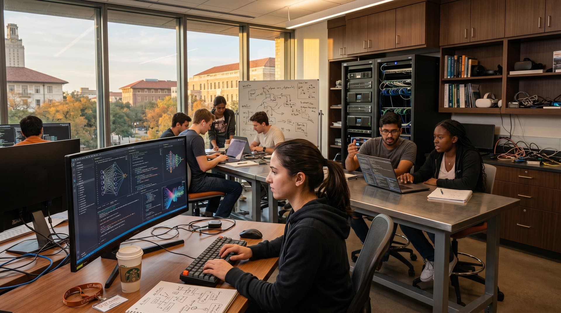 KI-Informatik-Labor mit Monitoren, Code und Kollaborations-Setup an Universität