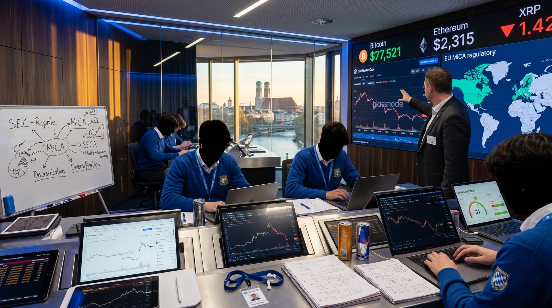 Schüler in modernem Trading-Labor mit XRP-Charts, Fear & Greed Index und Münchner Skyline