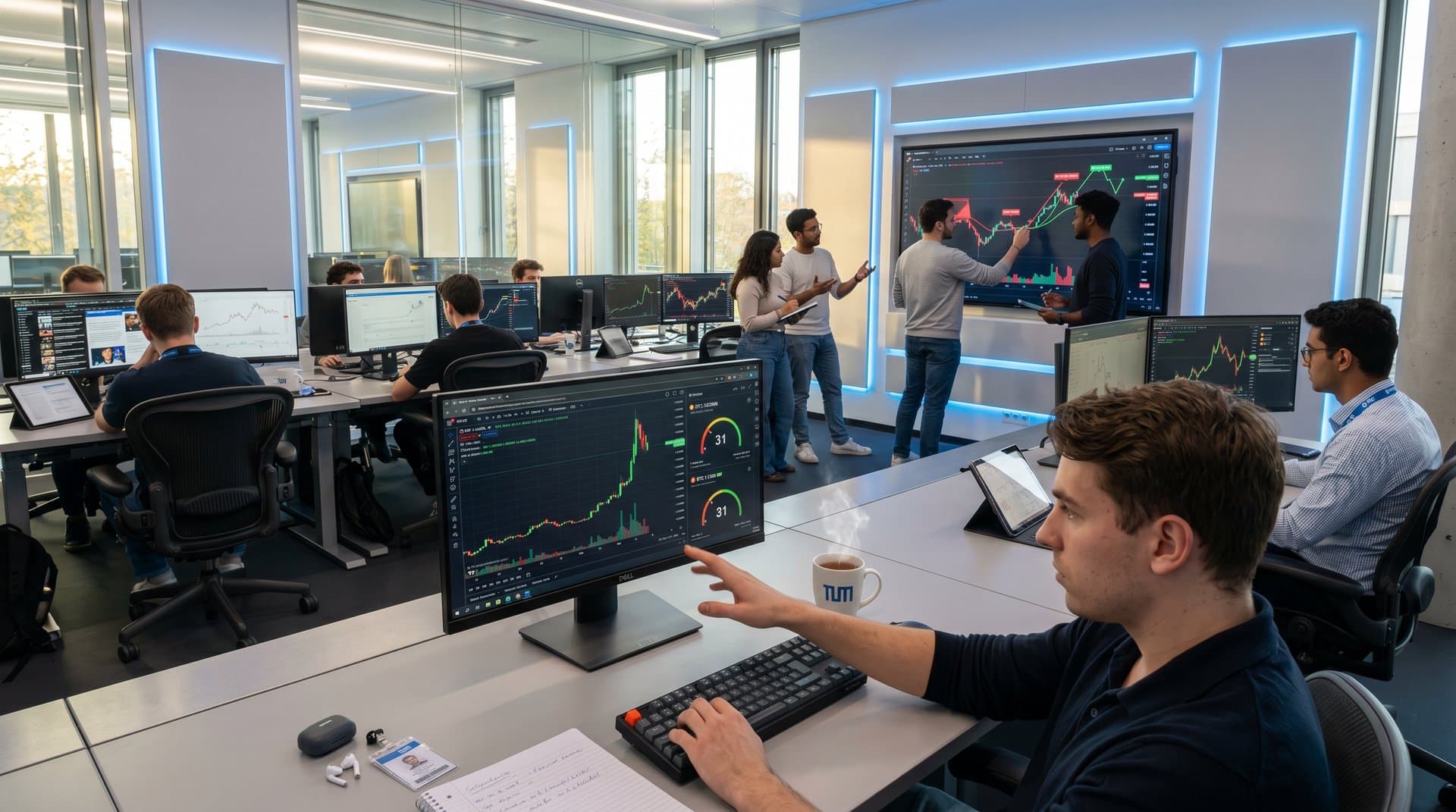 EdTech-Finanzlabor TU München mit Crypto-Charts auf Multi-Monitoren und belebter Lernumgebung