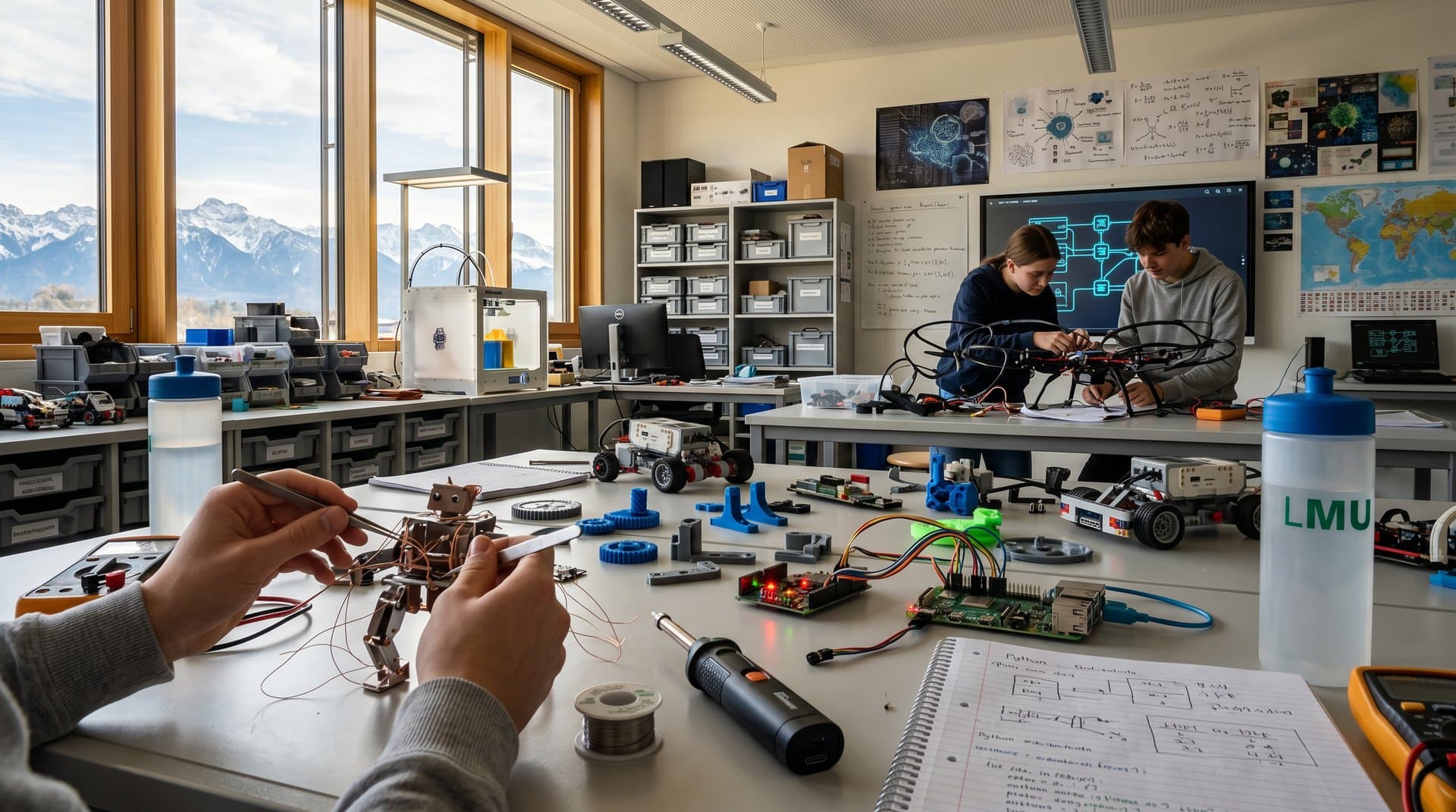 STEM-Klasse in München mit Roboterbau, KI-Whiteboard und Bayerischer Flagge