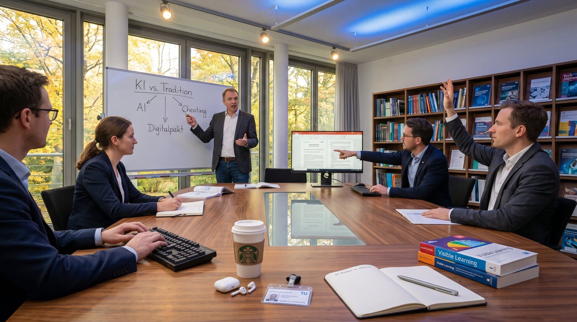 Debatte über KI in Klassenzimmern in modernem TU-München-Seminarraum