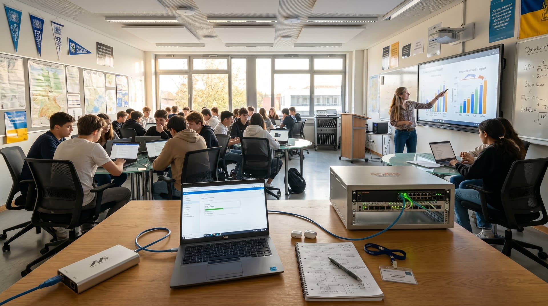 Münchner Klassenzimmer mit 10GbE USB-Adaptern an Schullaptops und Switch