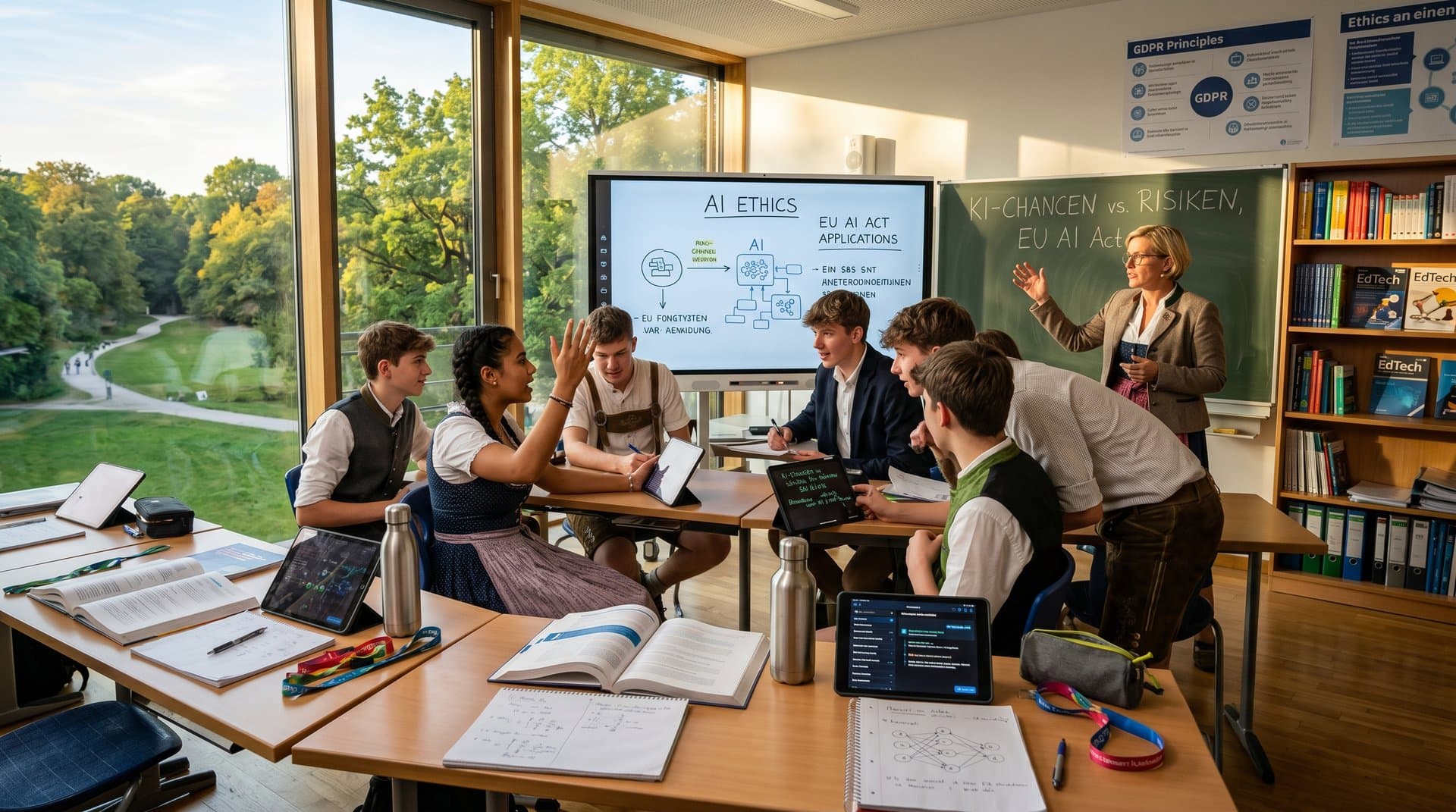 Schulklasse in München mit KI auf Smartboard und Tablets für Bildung