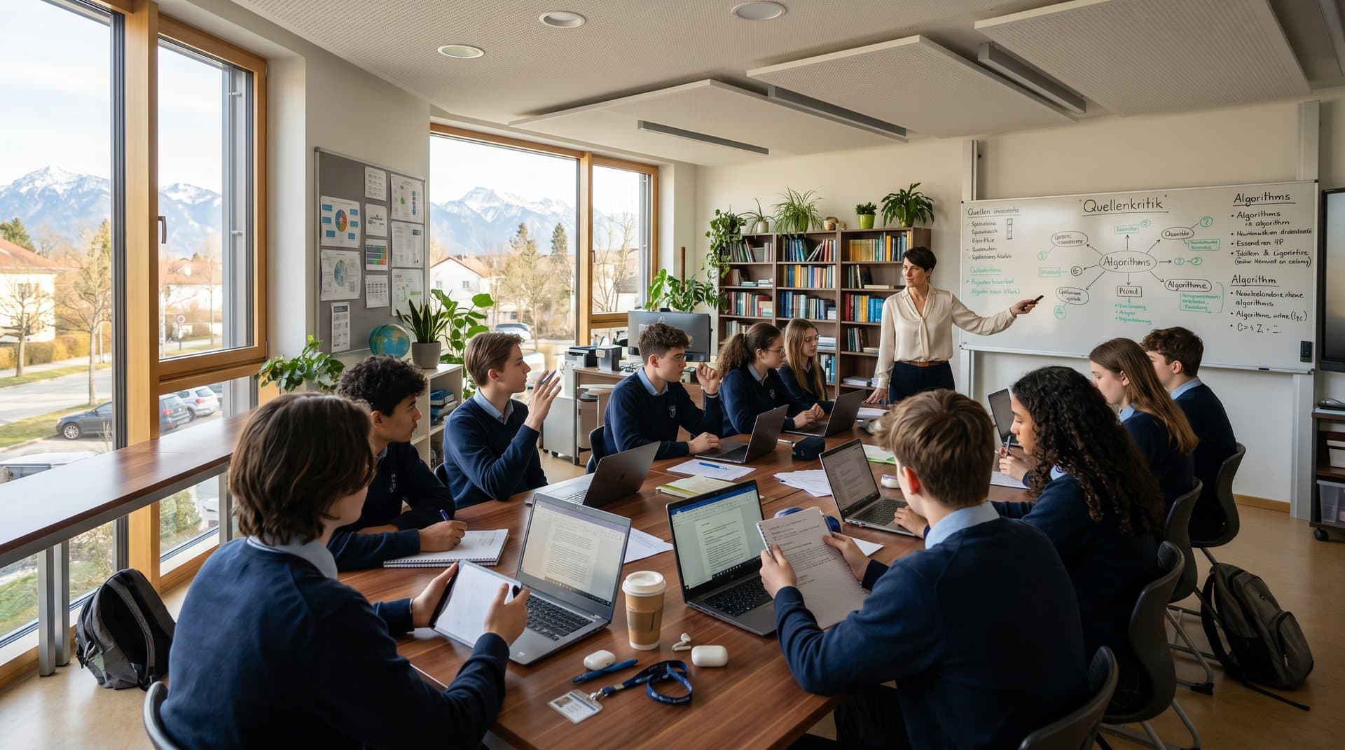 Schüler und Lehrerin in Weilerschule München diskutieren Quellenkritik gegen KI-Simulacra am Whiteboard