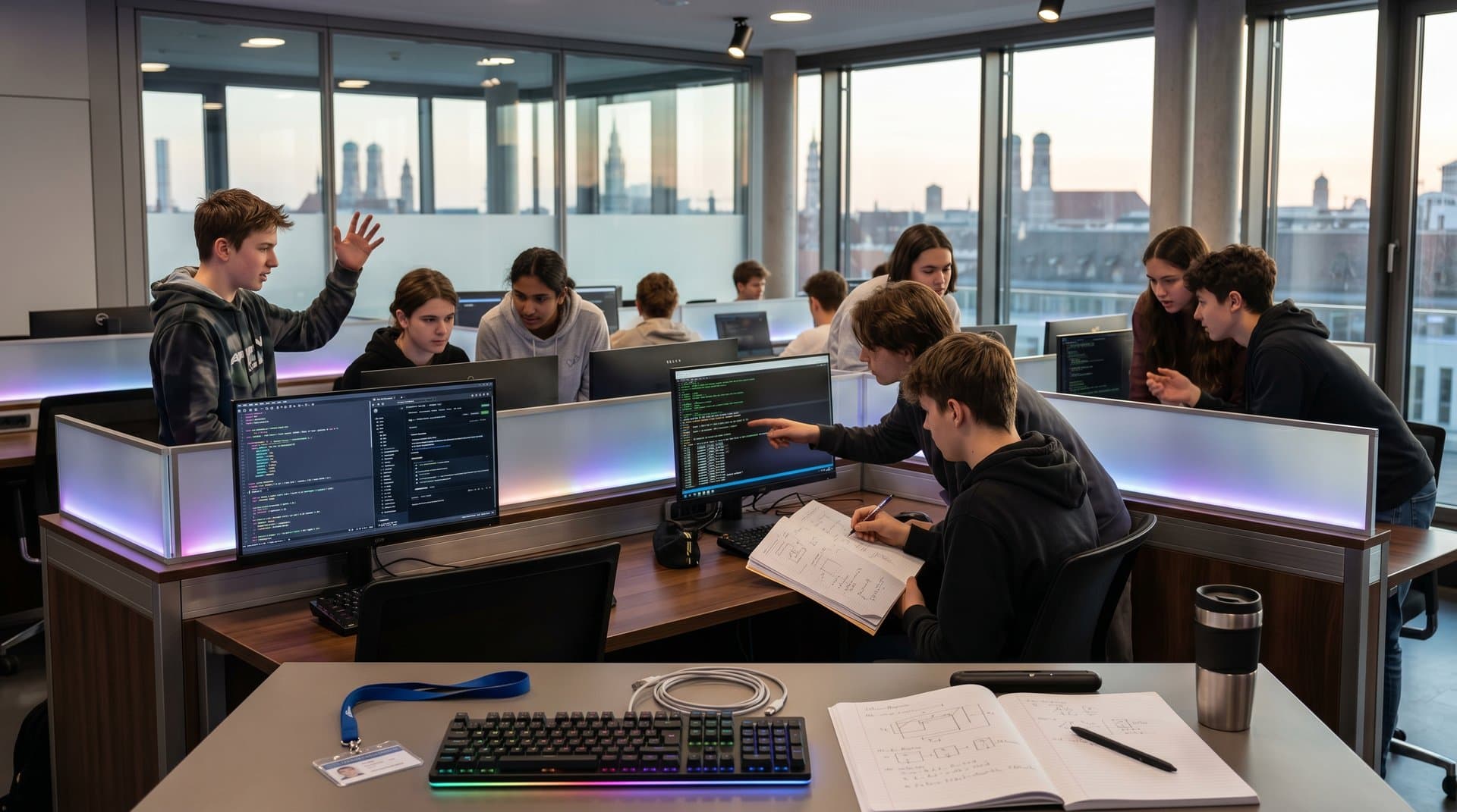 Schüler browsen GitHub-Repos cloning-frei in Emacs, Erklärung auf Projektor in modernem Münchner Schul-Labor