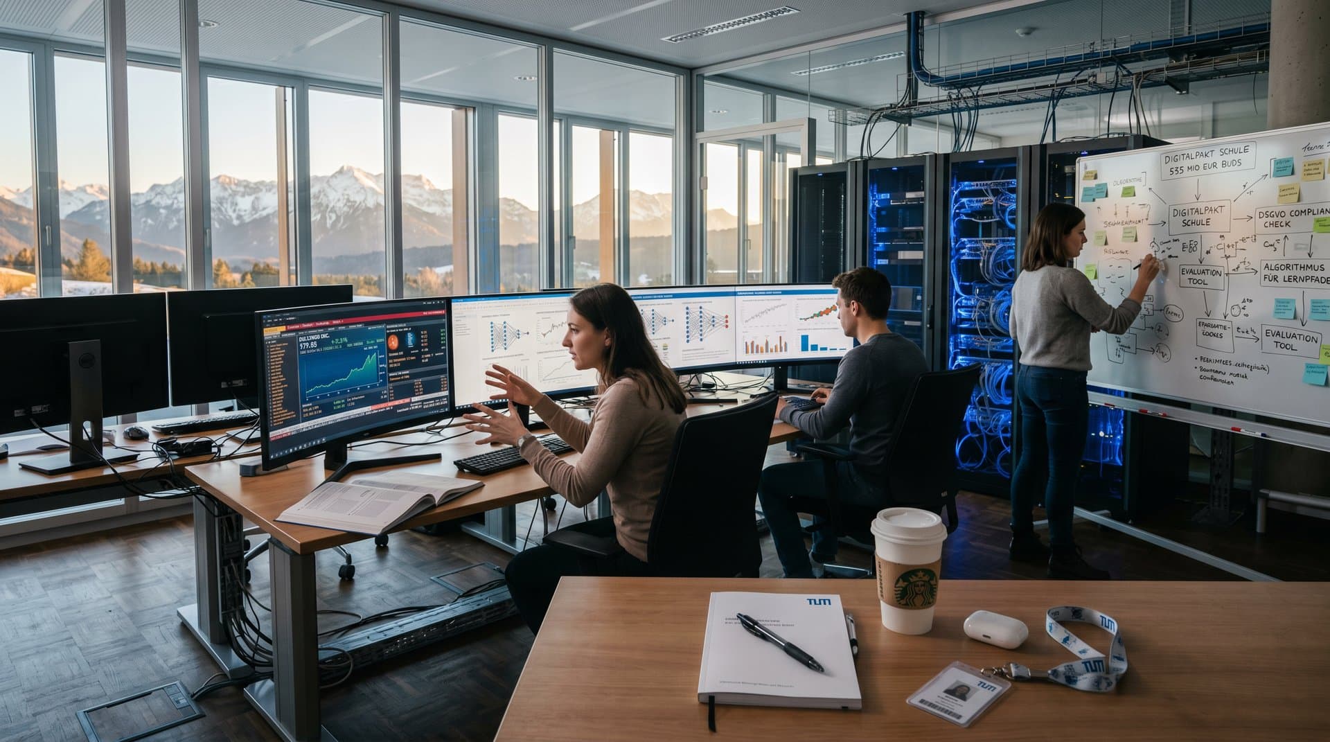 Forscher im AI-Labor der TU München umringen Monitore mit KI-Modellen für Bildungsdaten in modernem Campus-Setting