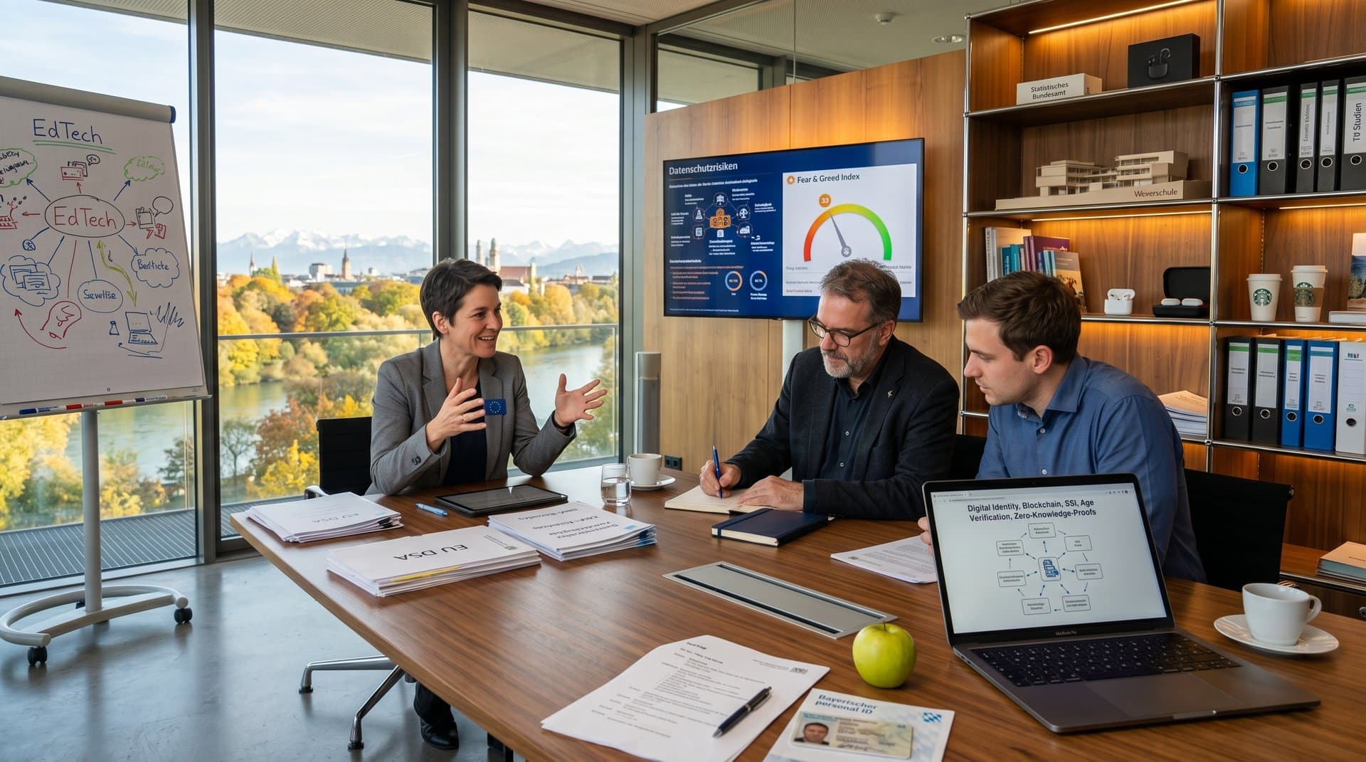 Konferenzraum in Staatskanzlei mit EU-Digitalpolitik-Dokumenten, Bildschirmen zu Age Control und Blockchain-Skizzen