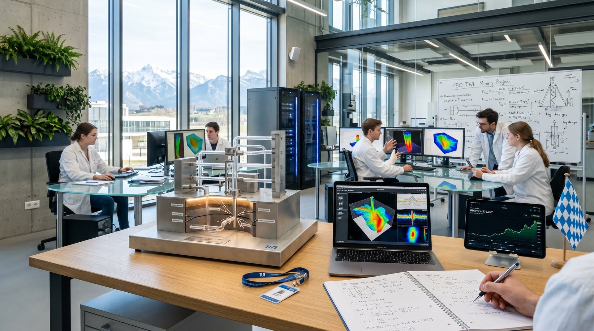 TU München Geothermie-Labor: Studenten analysieren US-Bohrsysteme auf Monitoren mit Modellen und Alpenblick