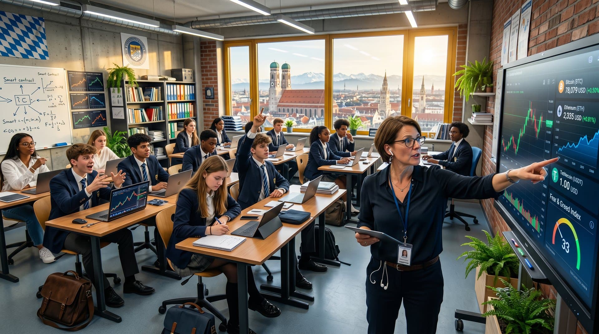 Weilerschule München Klassenzimmer mit Blockchain-Lehrstunde, interaktive Tafel zeigt Crypto-Charts