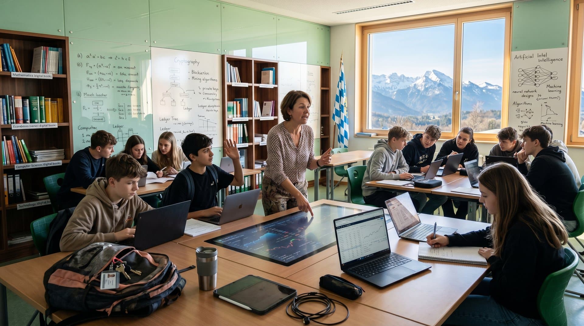 Bayerisches Klassenzimmer mit KI-Dashboard für Krypto-Analyse, Bitcoin-Chart und Alpenblick