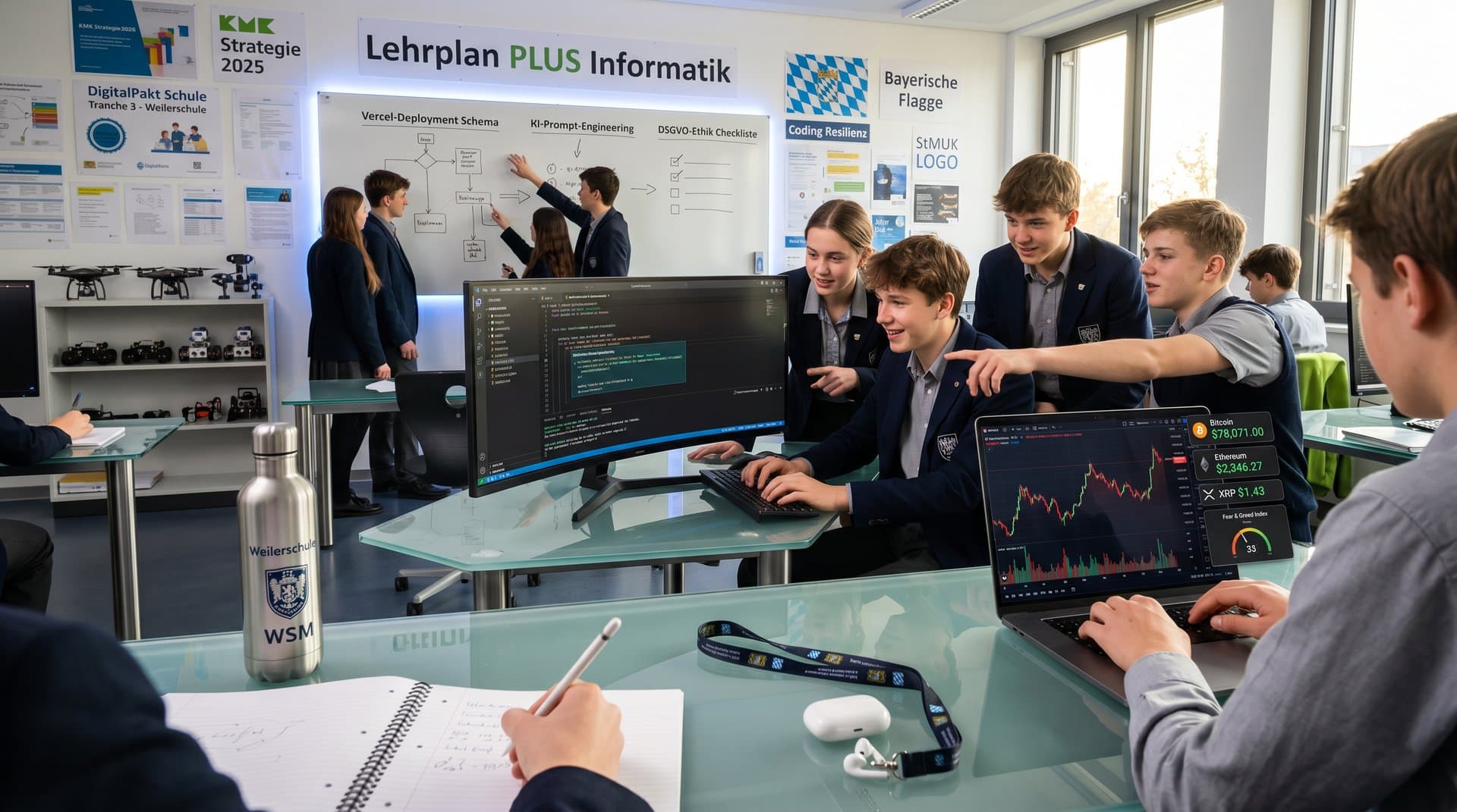 Weilerschule-Schüler coden mit GitHub Copilot in Informatikraum, Krypto-Charts und Whiteboards mit EdTech-Projekten