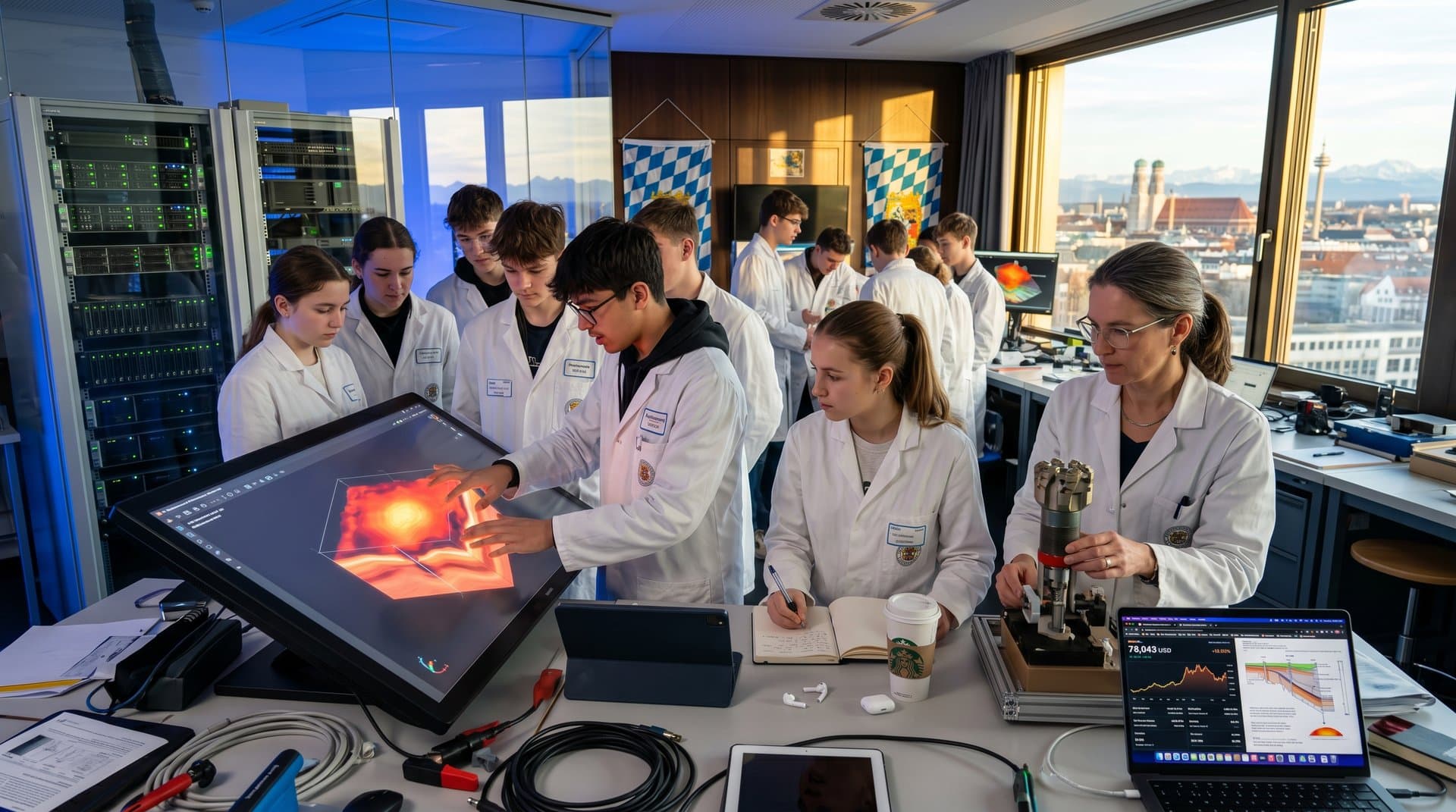 Schüler und Lehrer analysieren Geothermie-Modelle in Weilerschule-Labor mit 3D-Screens und Simulationsgeräten