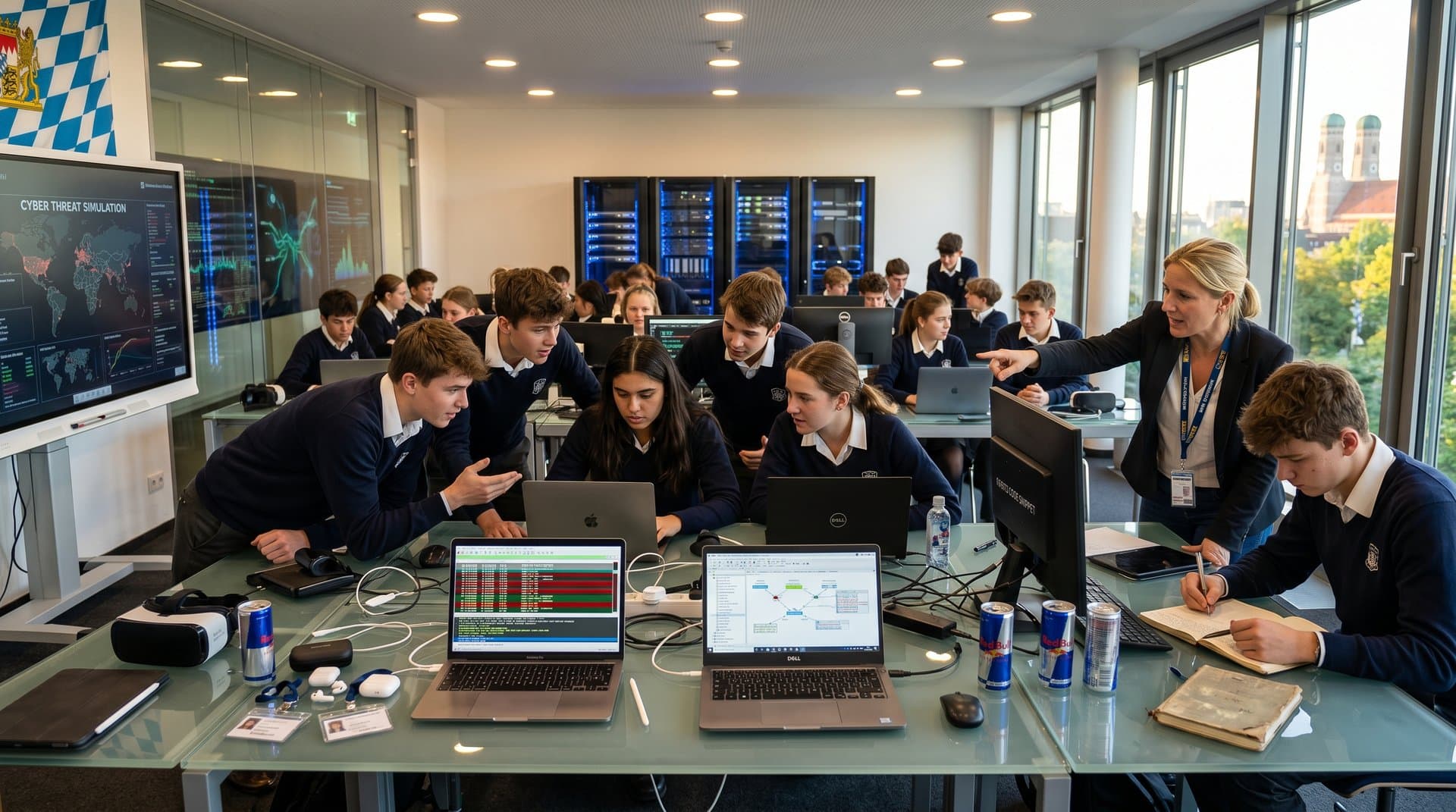 Schüler in Weilerschule München analysieren Fast16 Cyberbedrohungen auf Laptops und Whiteboards in moderner Klasse