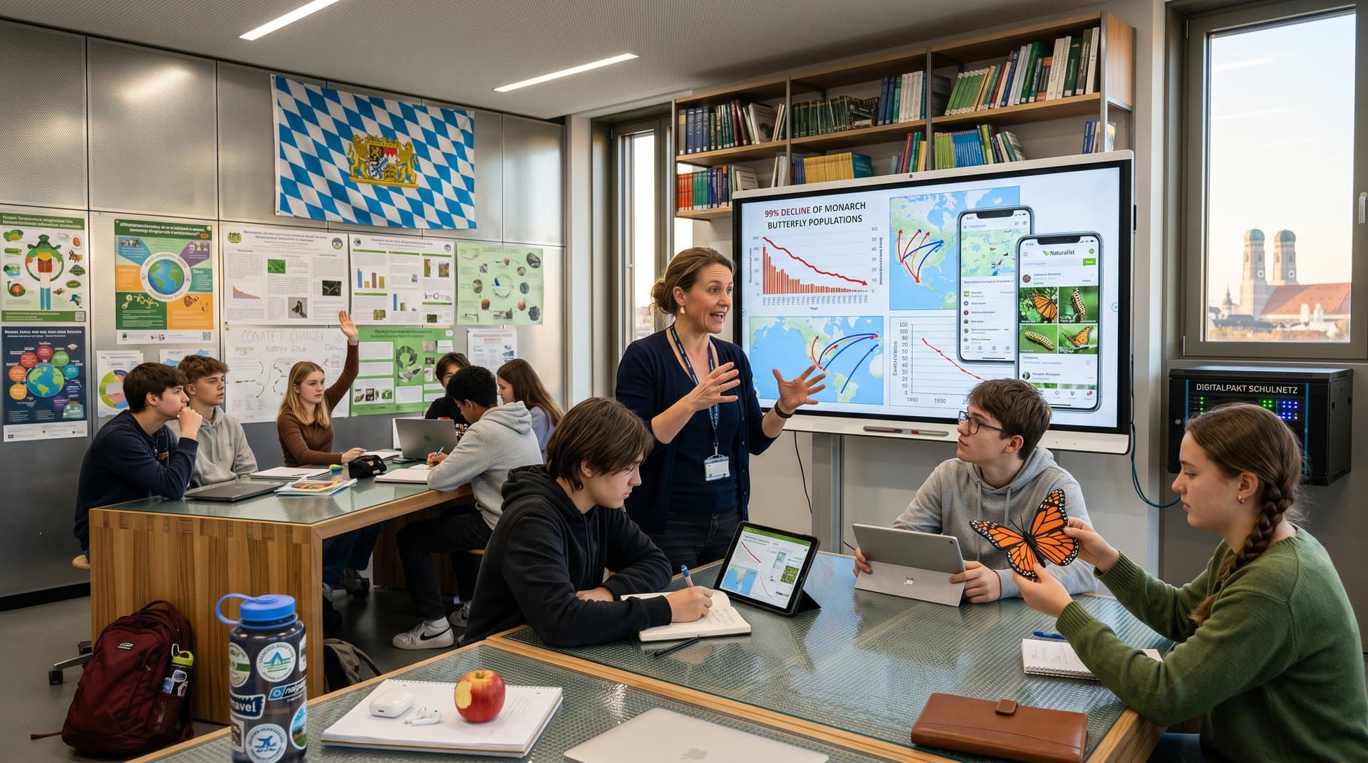 Schüler im Münchner Gymnasium analysieren Monarch-Migrationsdaten auf Tablets und Whiteboard