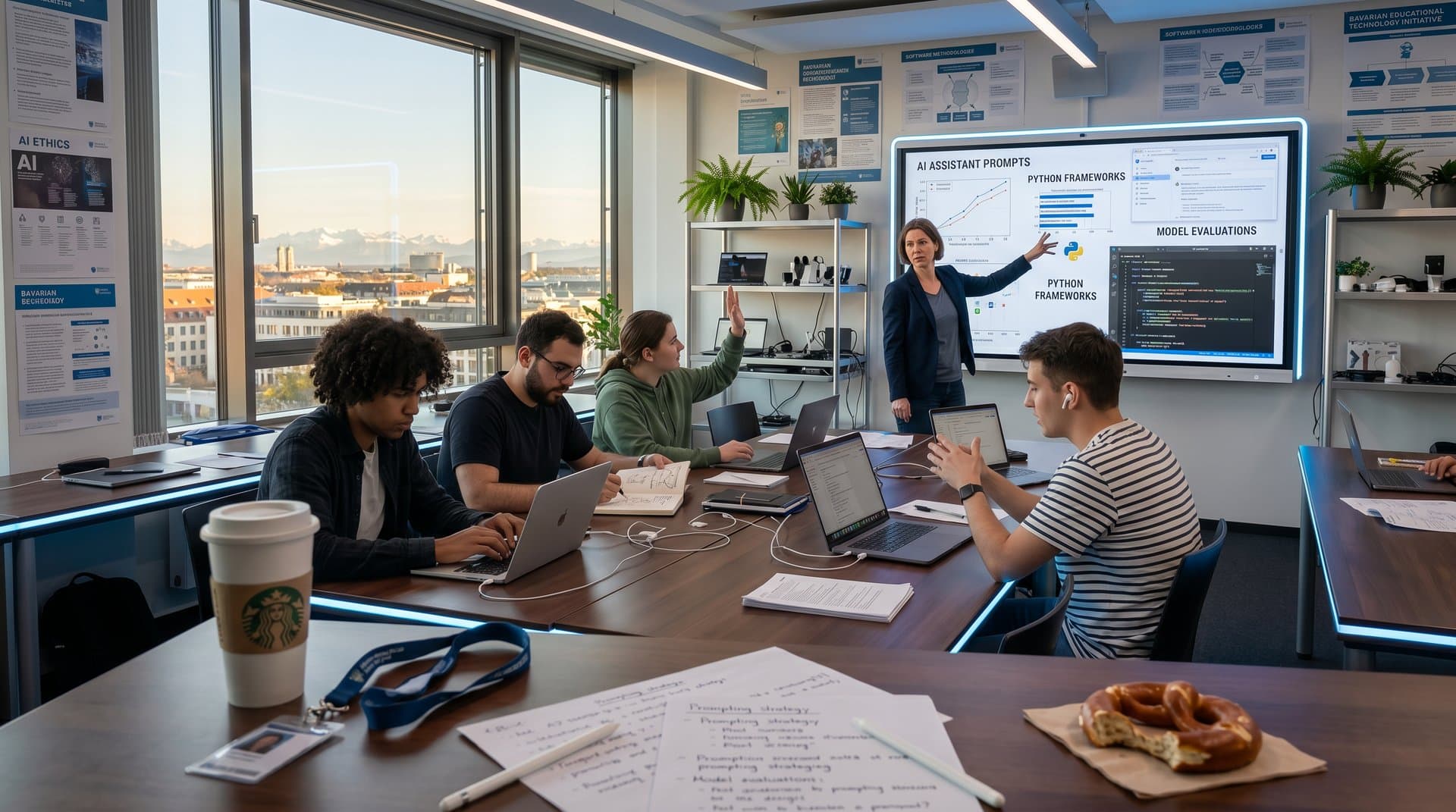 Münchner Schulklasse mit Schülern an Laptops, AI-Code und Whiteboard in Weilerschule