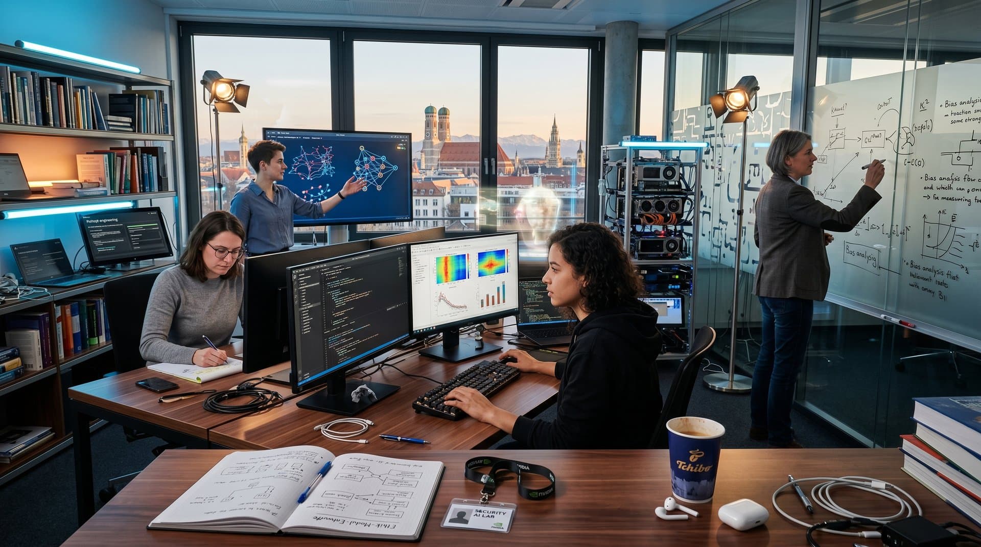 AI-Labor an LMU und TU München mit Monitoren, Datenvisualisierungen und EdTech-Tools