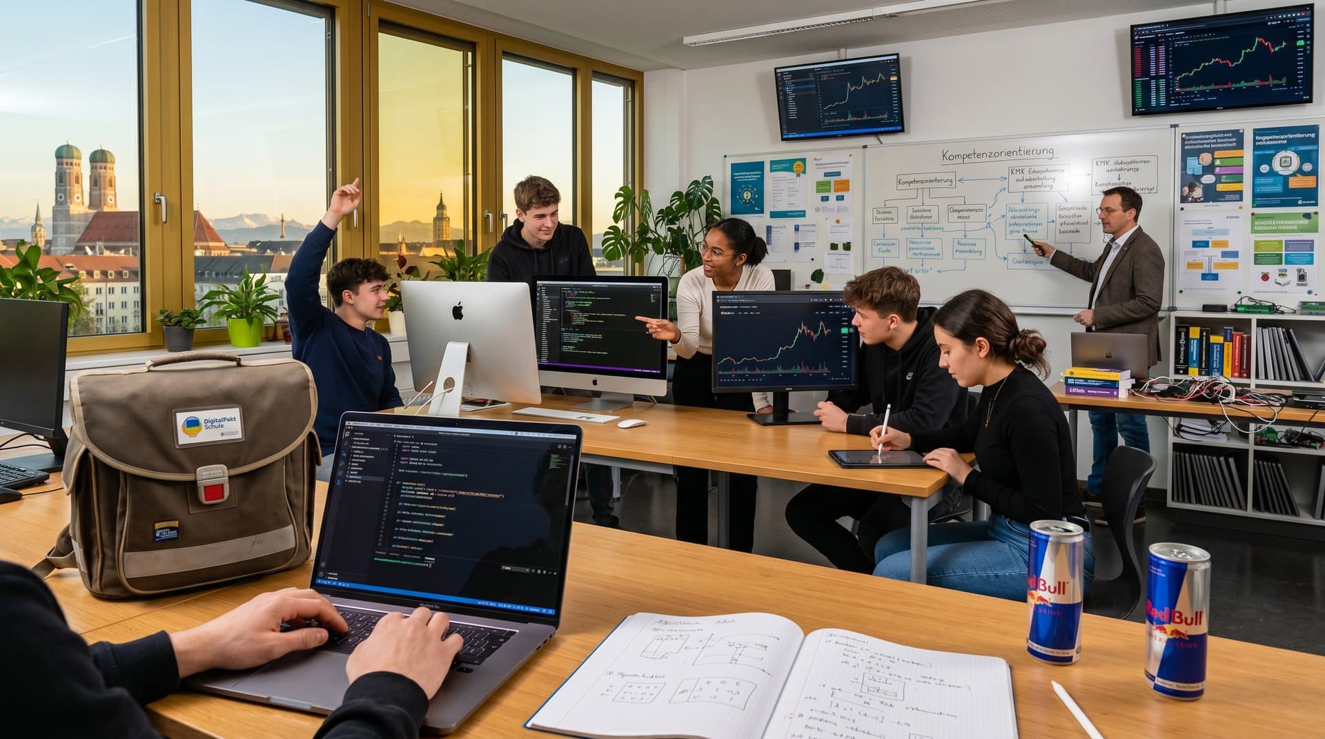 Schüler coden an MacBooks in Weilerschule München Informatik-Klasse mit VS Code und Fintech-Projekten