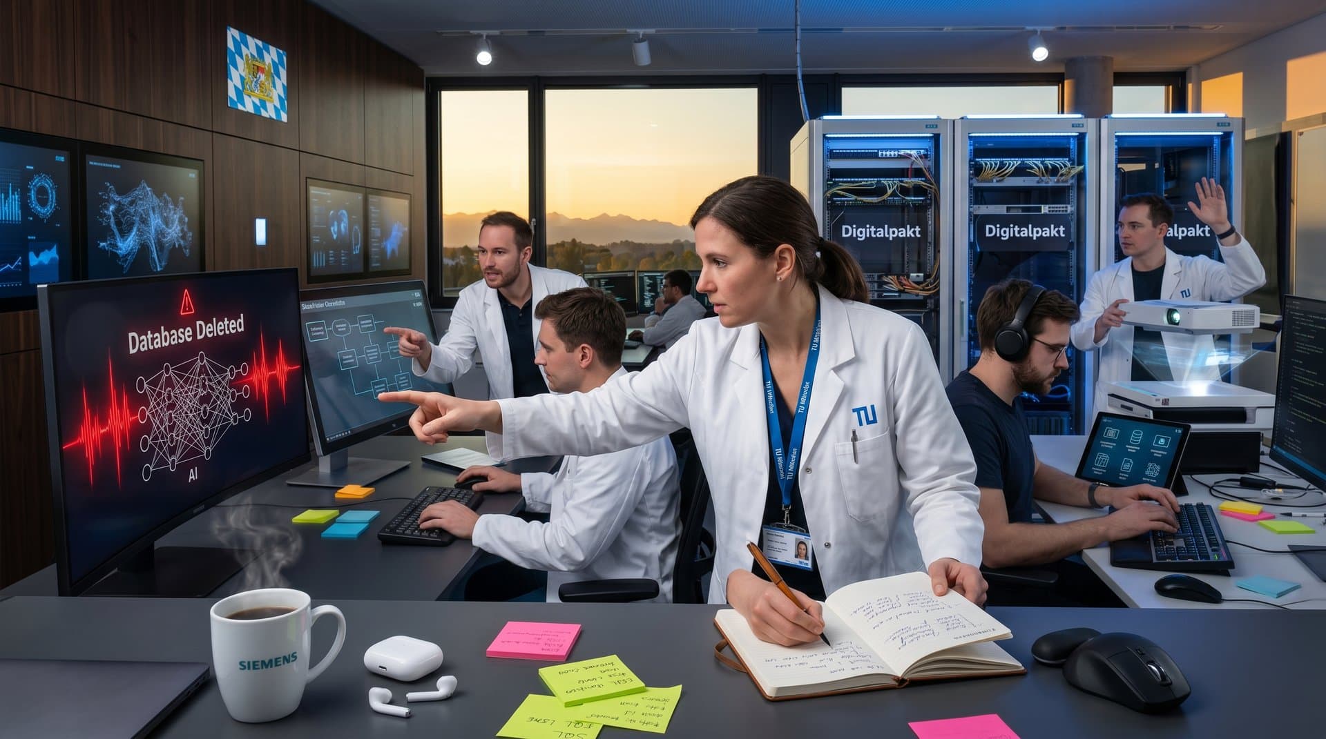 TU München EdTech-Labor: Analyse von KI-Datenbankvorfall mit Blockchain-Visuals und Bayern-Flagge