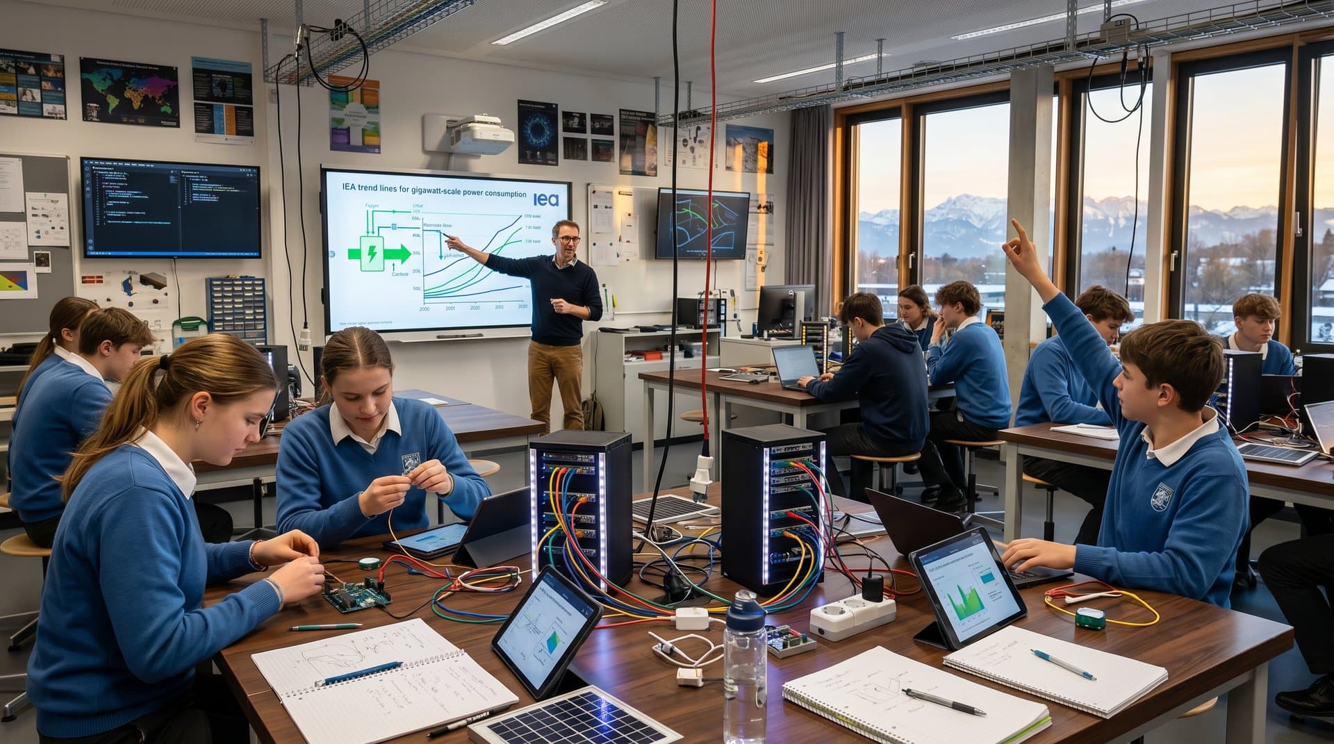 Münchner STEM-Klassenzimmer mit Bragawatt AI Data-Center-Modell und Energie-Diagrammen