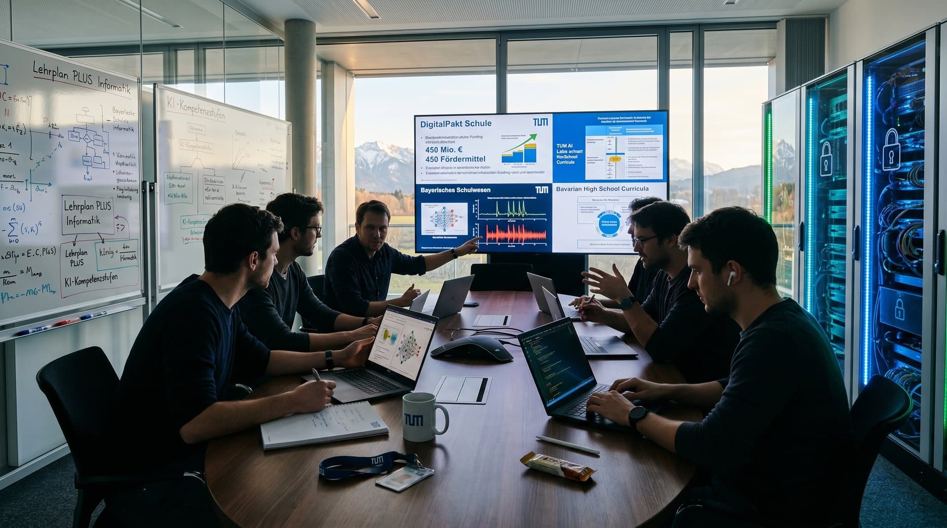 Forscher im TU München AI-Labor mit Alpenblick und DigitalPakt-Charts