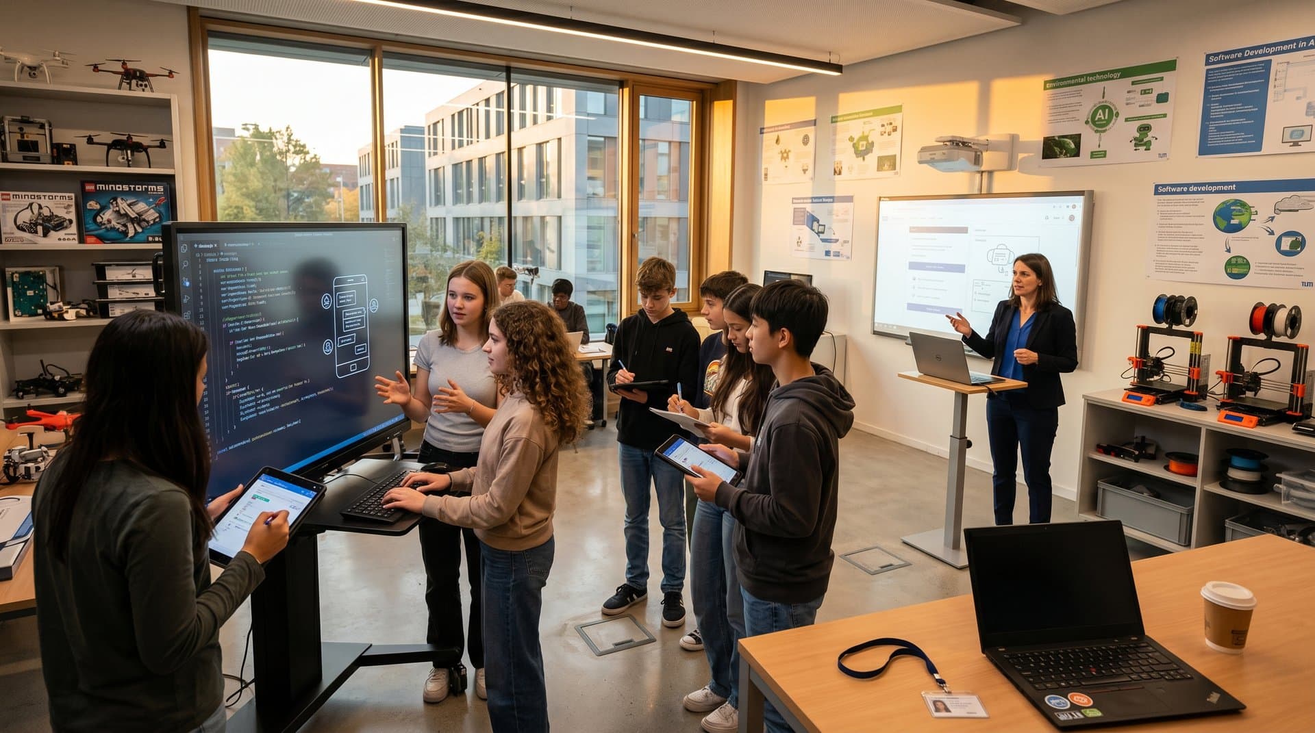 Münchner Gymnasium mit Schülern an KI-Touchscreen und Digitalpakt-Technik
