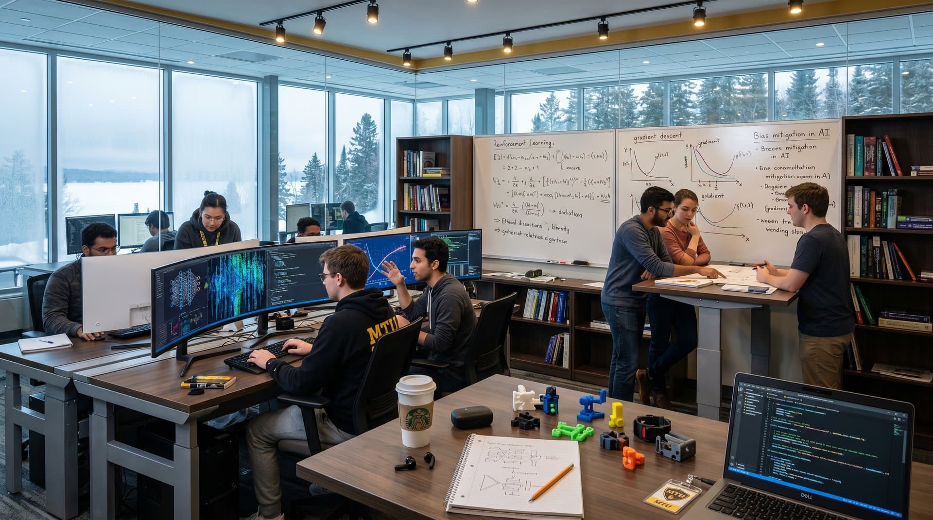 Modernes KI-Computerlab an Michigan Tech mit neuronalen Netzen auf Bildschirmen, Robot-Teilen und Lake Superior-Ausblick