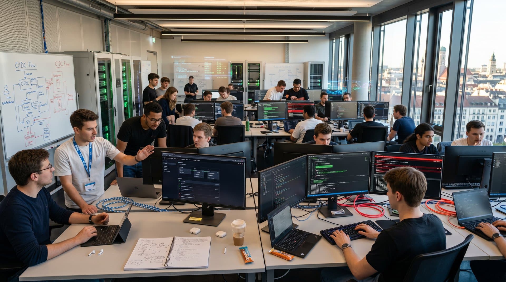 TU München Lab mit GitHub-Code, Security-Scans und kollaborativen Displays in innovativer EdTech-Umgebung