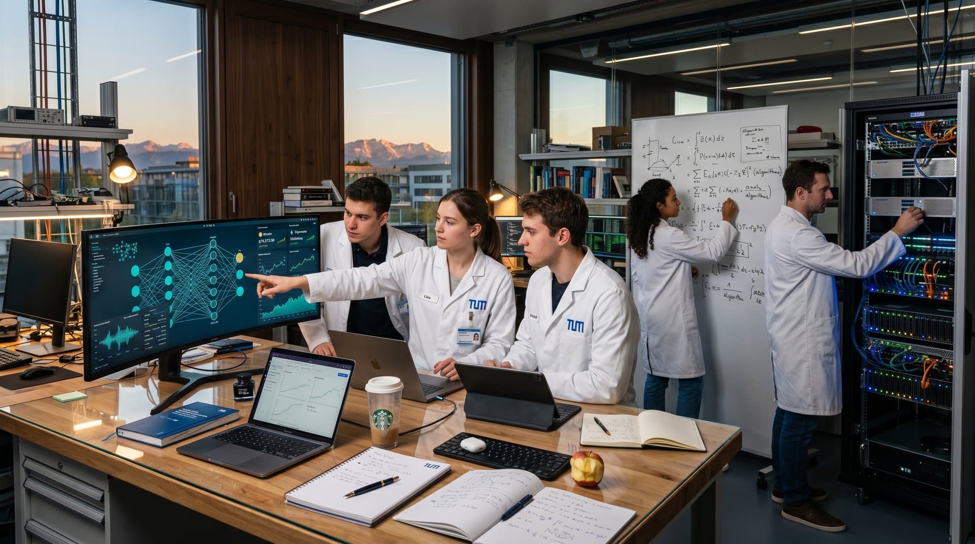 KI-Labor TU München mit neuronalen Netzen, Crypto-Charts und Campusblick