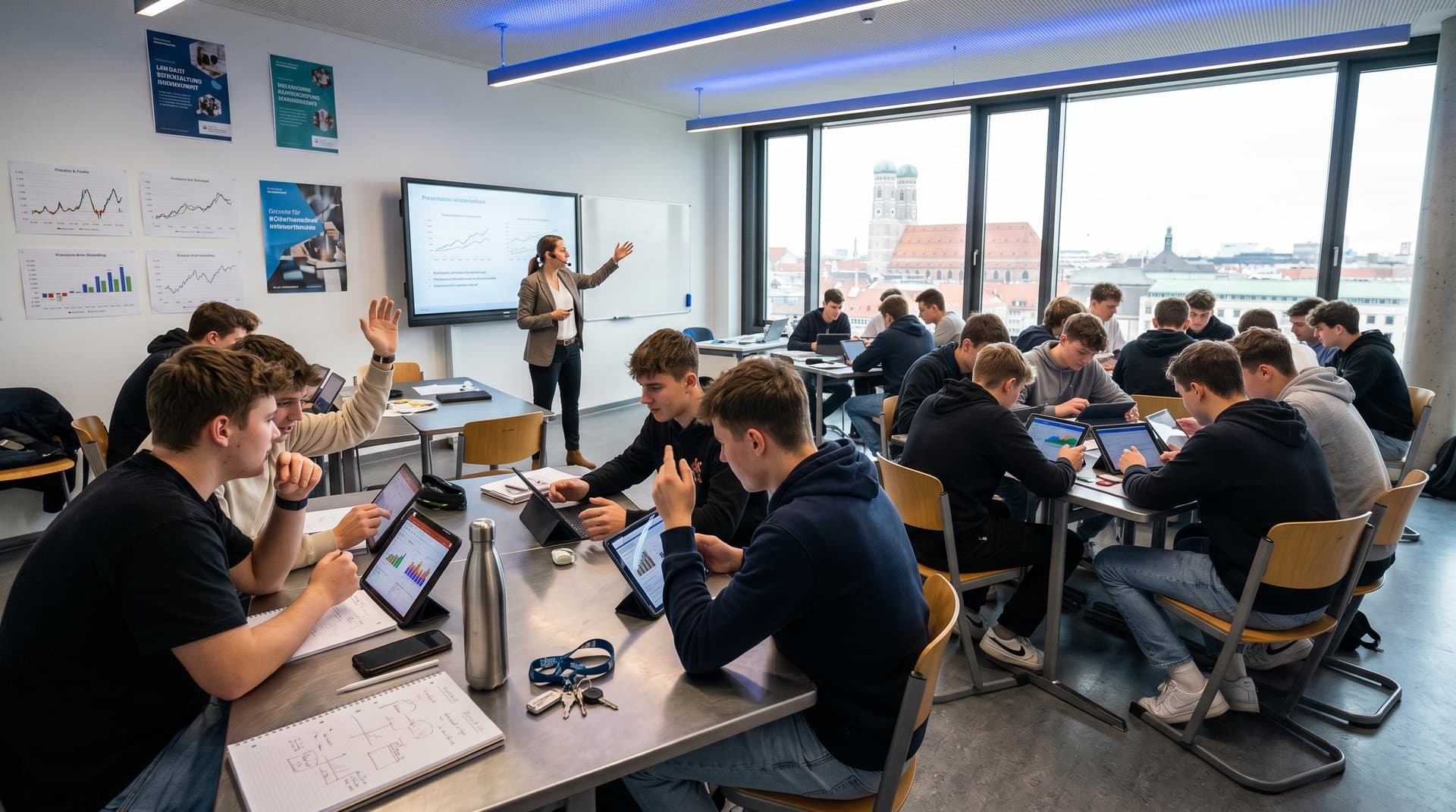 Bayerisches Klassenzimmer mit Schülern und Crypto-Charts auf Smartboard