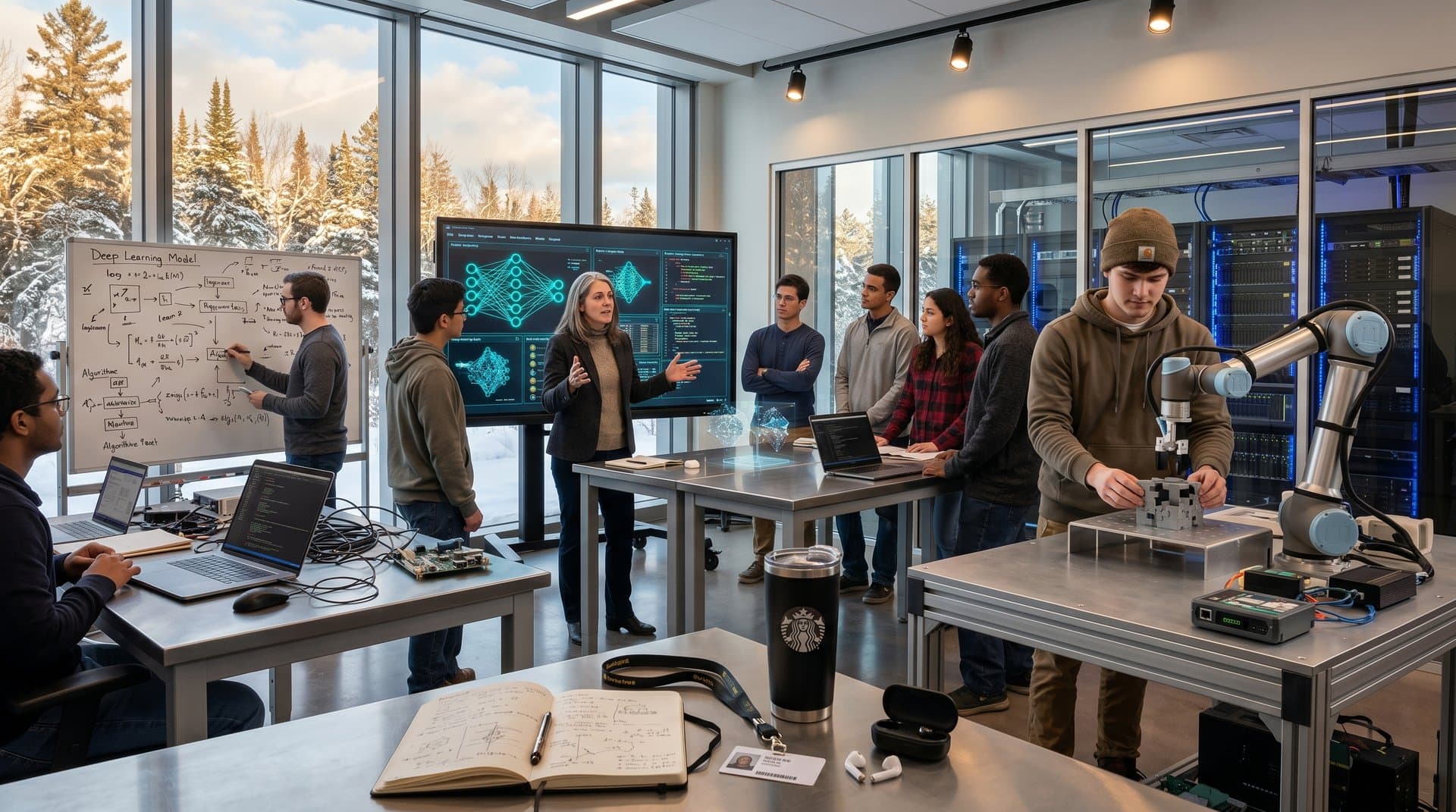 Studenten in Michigan Tech KI-Labor mit neuronalen Netzen, Robotik und bayerischen Bildungselementen