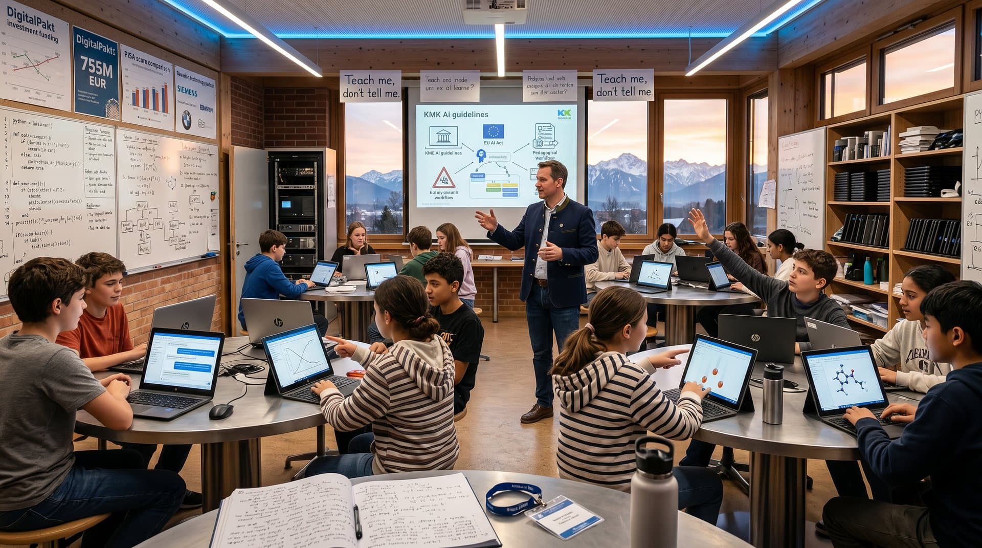 Schüler und Lehrerin in Münchner Gymnasium mit KI-Tools und DigitalPakt-Laptops beim entdeckenden Lernen