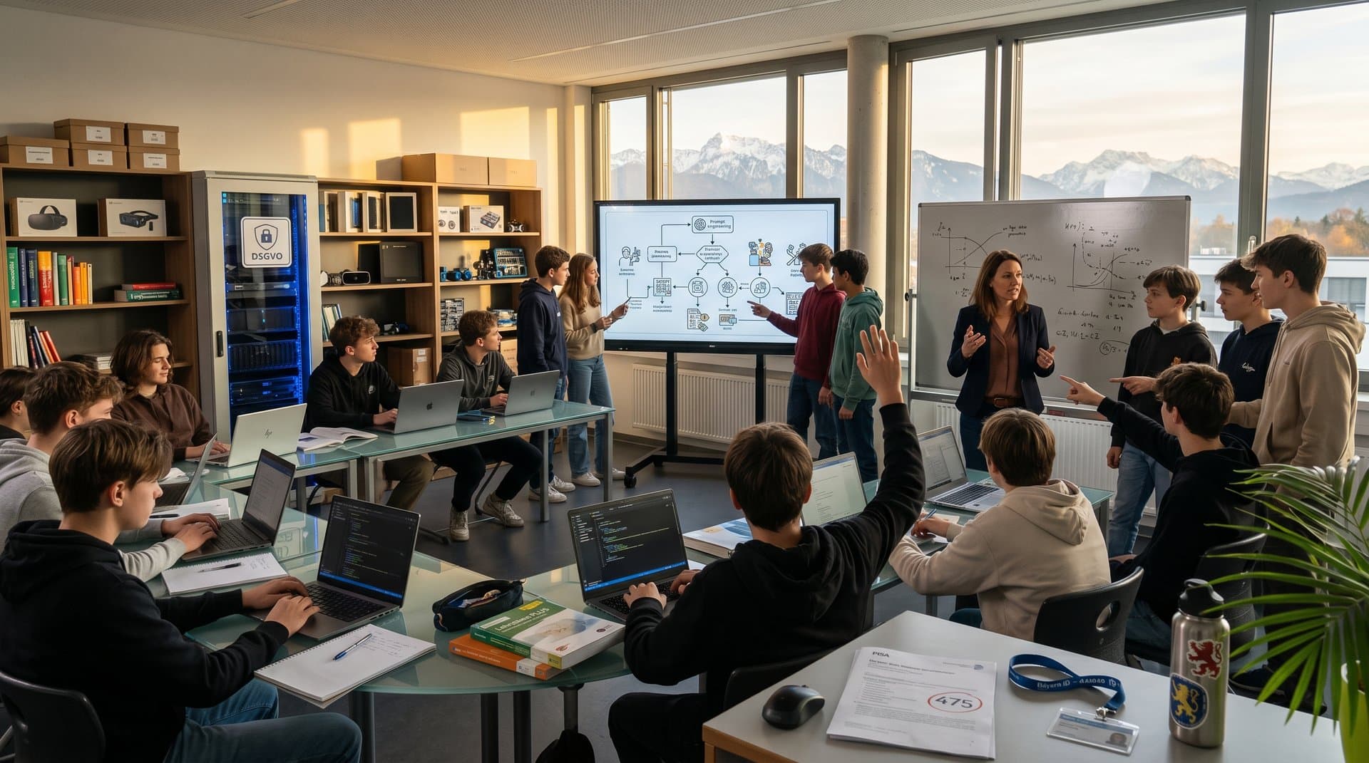 KI in der Schule: Bayerischer Computerraum mit Touchscreens und Schülern bei ethischen Strategien
