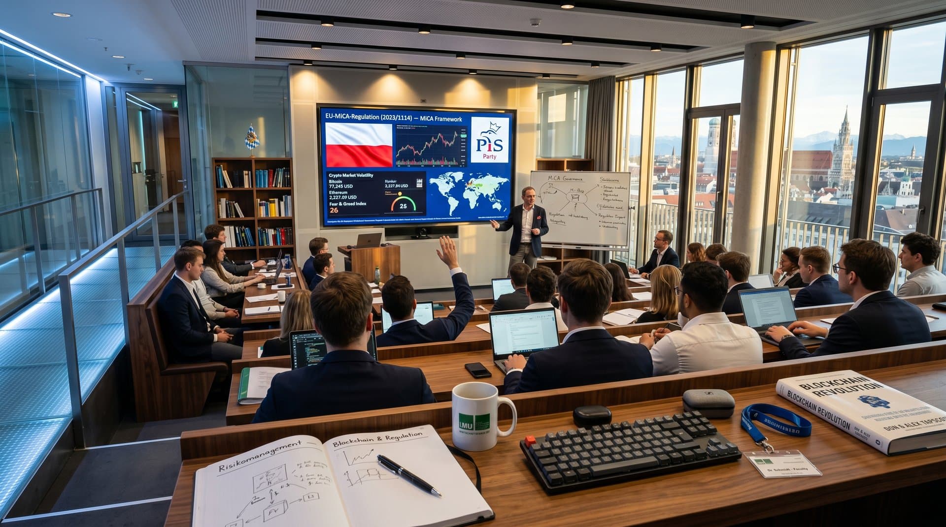 Seminarraum LMU mit Krypto-Charts auf Bildschirm, MiCA und Polen-Politik im Fokus für Finanzbildung
