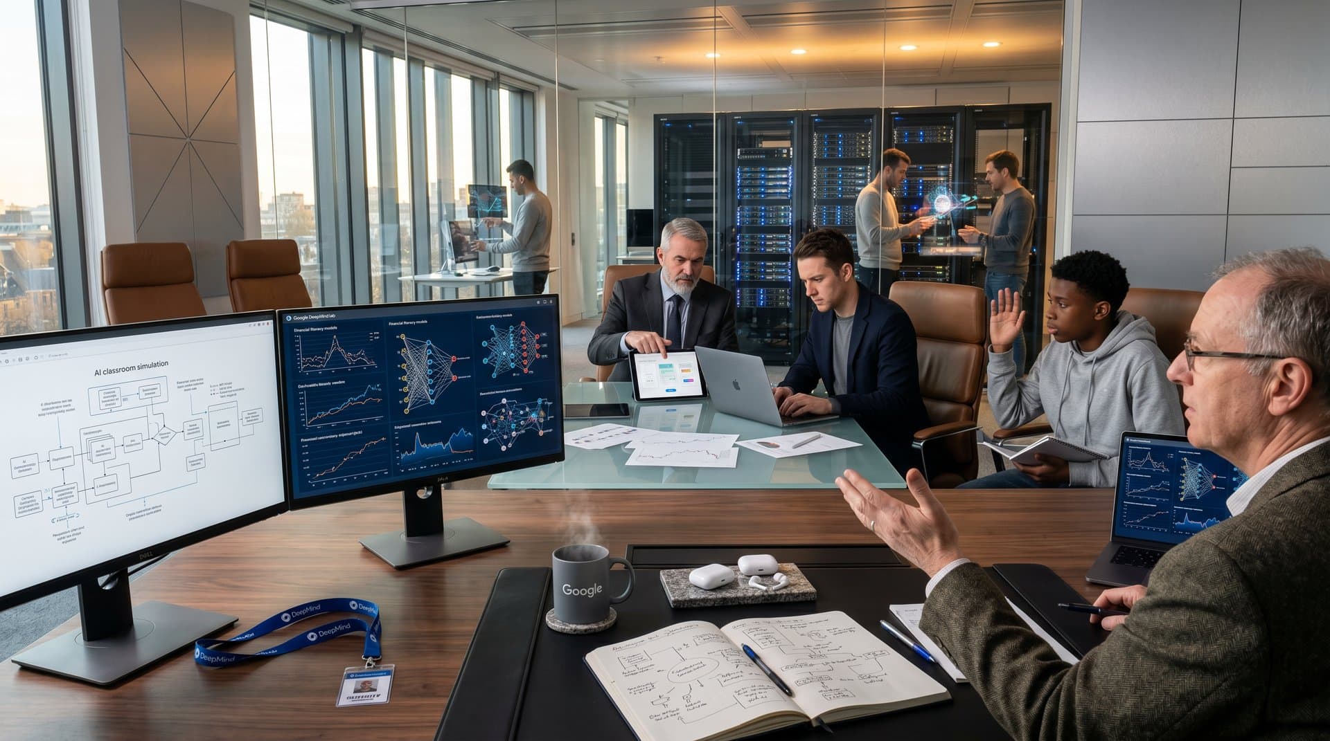Experten diskutieren KI im Unterricht in modernem DeepMind-Labor mit Monitoren, Tablets und Glaswänden
