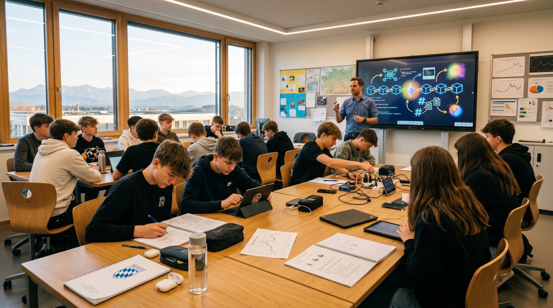 Blockchain-Unterricht in bayerischer Schule: Smartboard mit Diagrammen und Code