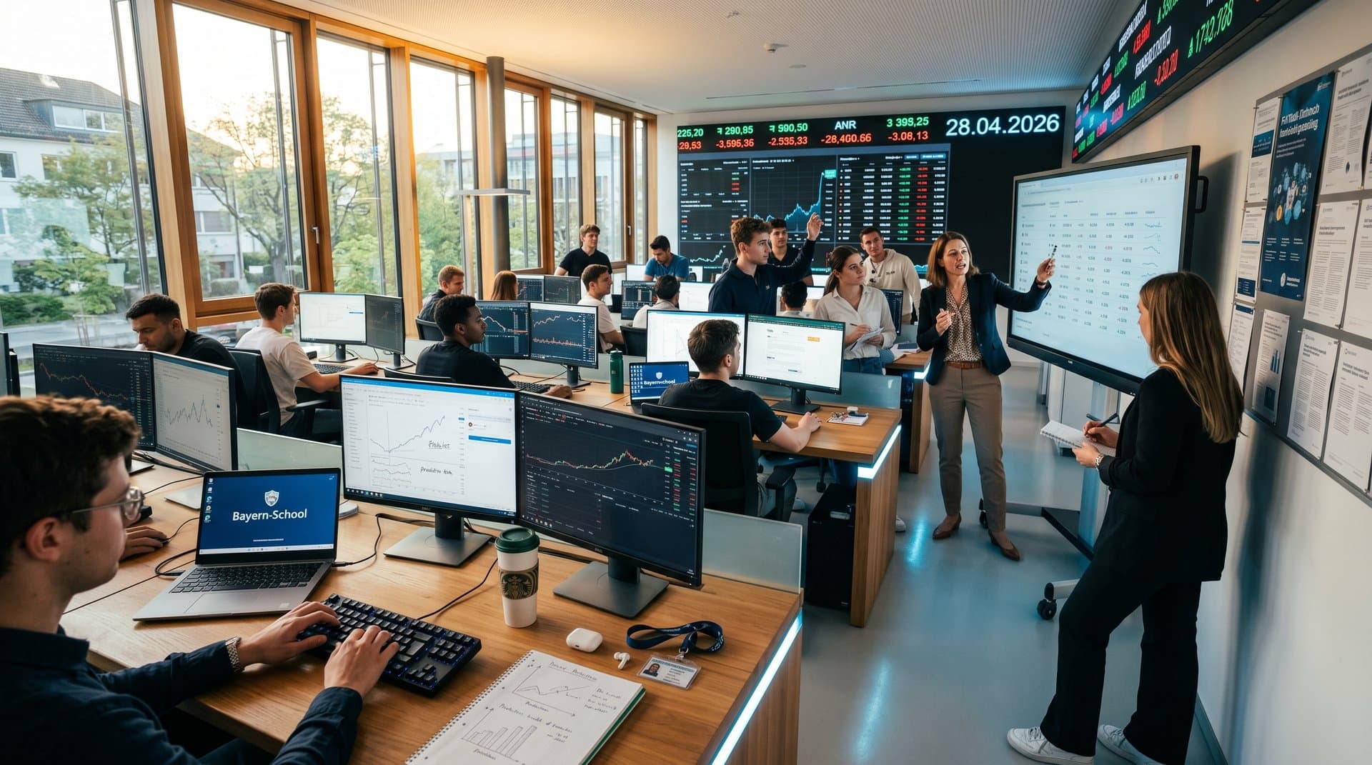 Schüler und Lehrerin in Weilerschule München EdTech-Labor mit Bitcoin Preis 28. April 2026 Prognose 77.010 USD und Fear & Greed Index 26