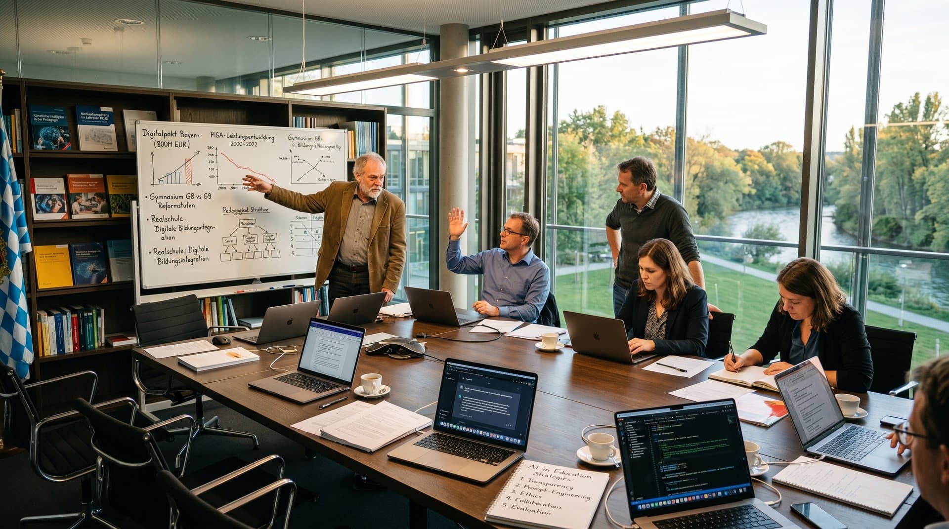KI-Strategien bayerische Schulen: Laptops, Whiteboard mit Digitalpakt-Details und EdTech-Elementen in Seminarraum