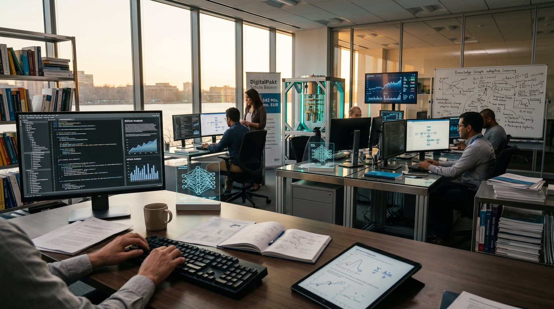 Futuristisches MIT-IBM-Lab mit AI-Quantum-Modellen und DigitalPakt-Banner für bayerische Bildung (68 Zeichen)