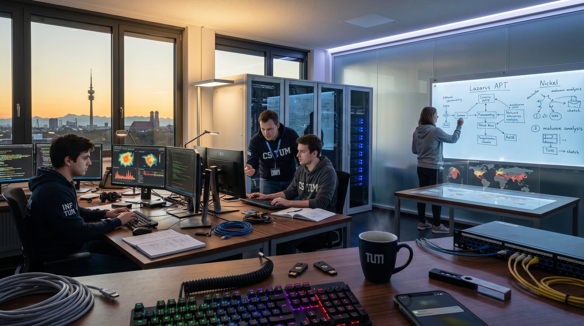 Cybersecurity-Labor an TU München mit Threat-Maps, Multi-Monitor-Setups und Münchner Skyline