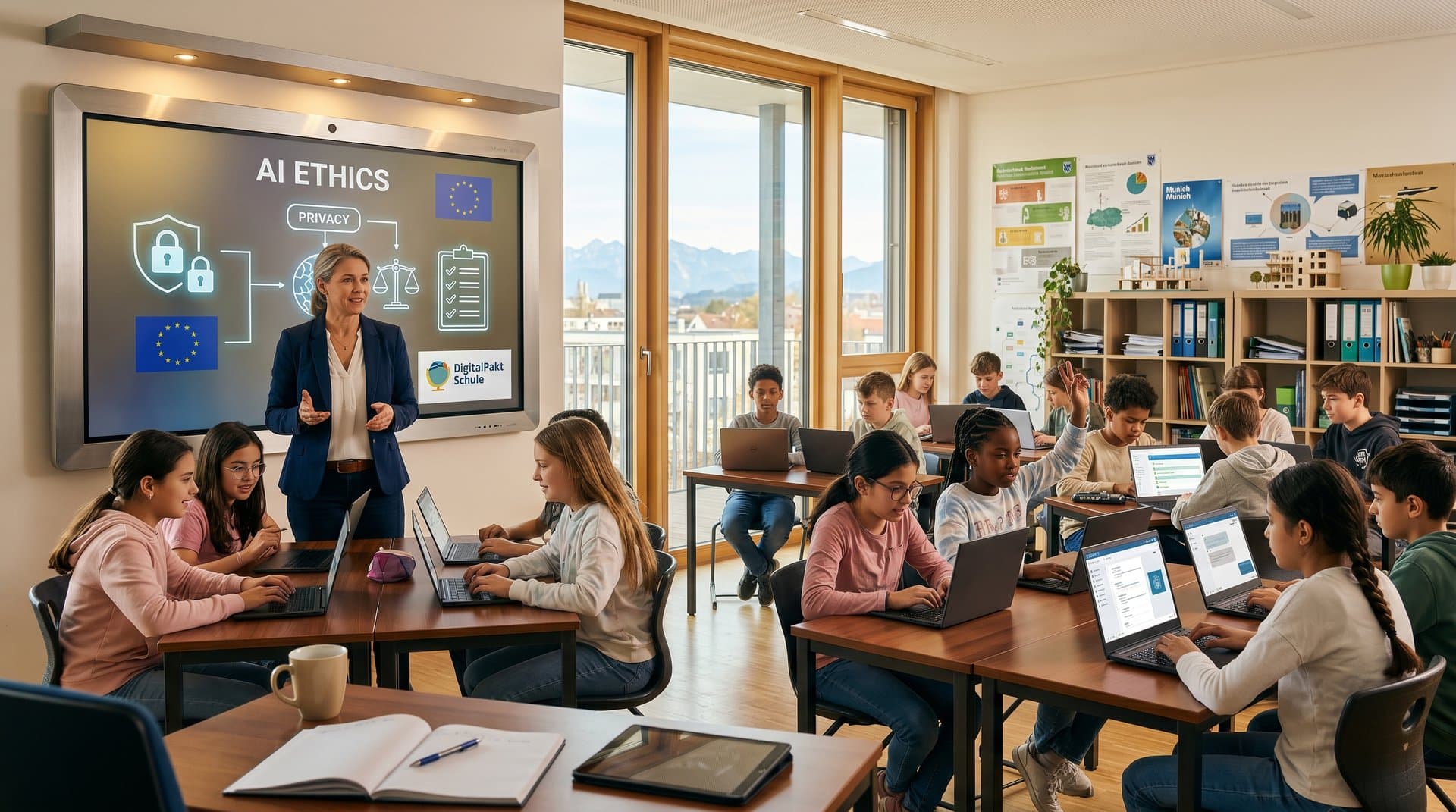 Bayerisches Klassenzimmer mit Lehrerin und Schülern bei KI-Ethik-Unterricht in München