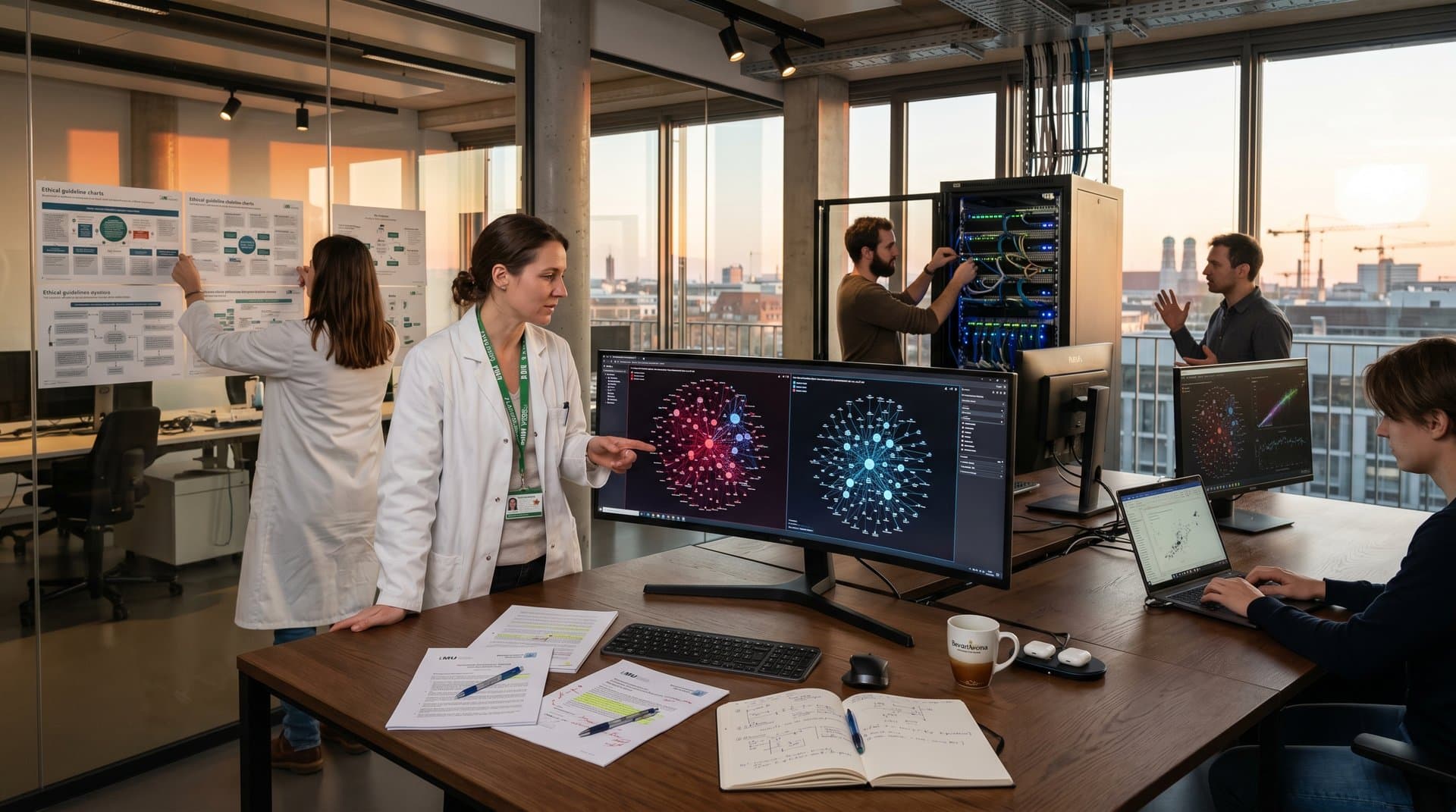 Forscherin im LMU München KI-Labor mit Visualisierungen zu politischer Gewalt, Ethik-Charts und EdTech-Elementen in Bayern.