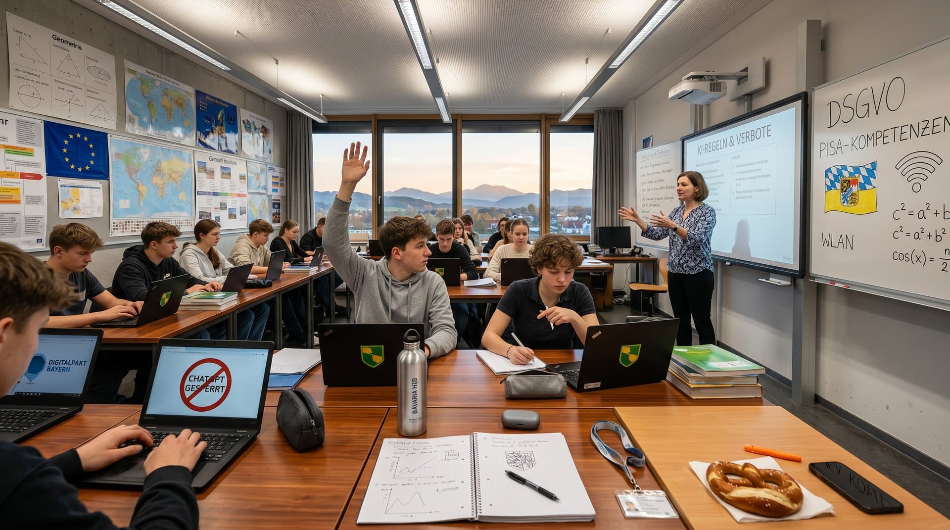 Bayerische Schulklasse diskutiert KI-Einschränkungen mit Laptops und DigitalPakt-Geräten