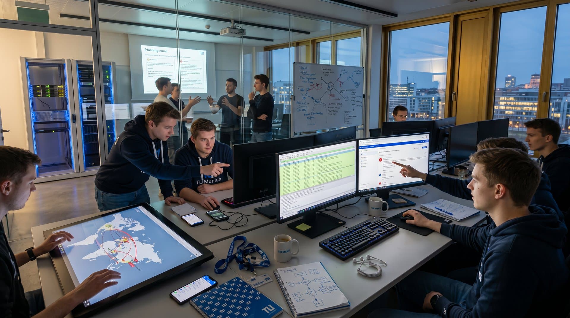 TU München Cybersecurity-Center: Monitore zeigen Nickel Alley Bedrohungen mit Blockchain-Daten vor Skyline